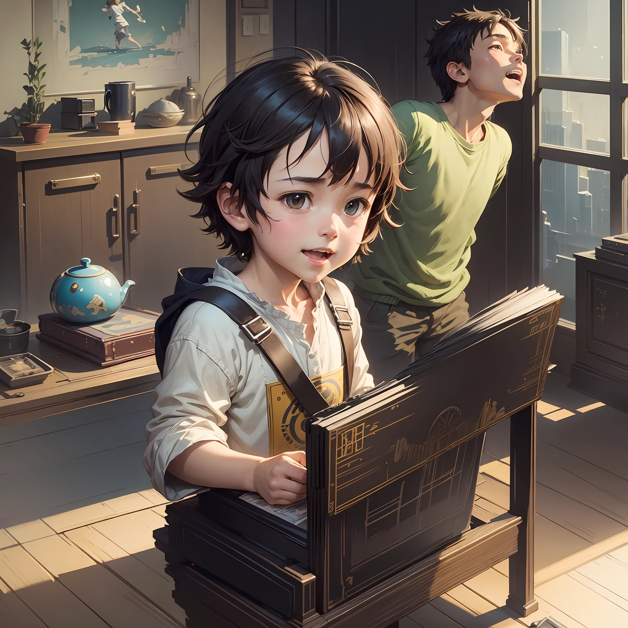 A happy playing with toys in a living room, simple art inspired by studio ghibli's visual style, Baroque oil painting anime key visual full body portrait character concept art, brutalist grimdark fantasy, kuudere noble dictator, trending pixiv fanbox, rule of thirds golden ratio, by greg rutkowski wlop makoto shinkai takashi takeuchi studio ghibli jamie wyeth --auto --s2