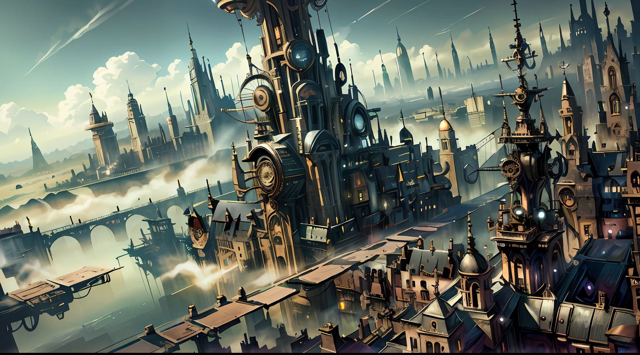 Ultra-high definition, 3D special effects, style personality, steampunk mechanical city, full of steam and futuristic technology, the city is a gossip map, and the aerial steampunk flying machine soars. PCHome unified forensics, aerial overlook, super delicate, colorful, showing the panoramic details of the city.
