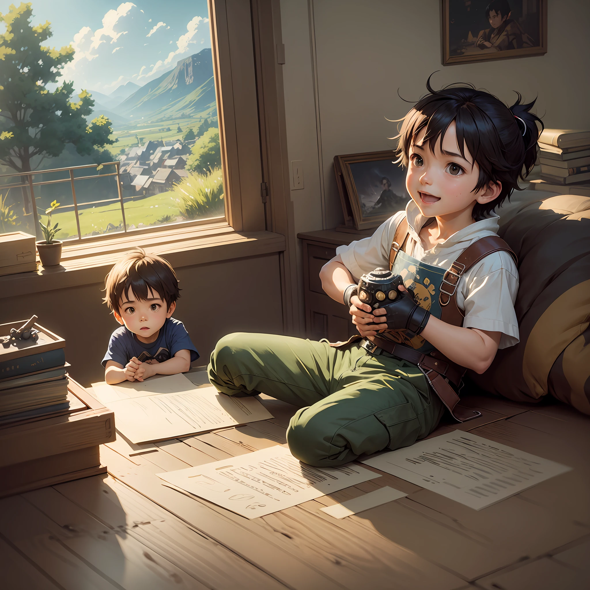 A happy little boy playing with toys in a living room, simple art inspired by studio ghibli's visual style, Baroque oil painting anime key visual full body portrait character concept art,  brutalist grimdark fantasy, kuudere noble dictator, trending pixiv fanbox, rule of thirds golden ratio, by greg rutkowski wlop makoto shinkai takashi takeuchi studio ghibli jamie wyeth --auto --s2