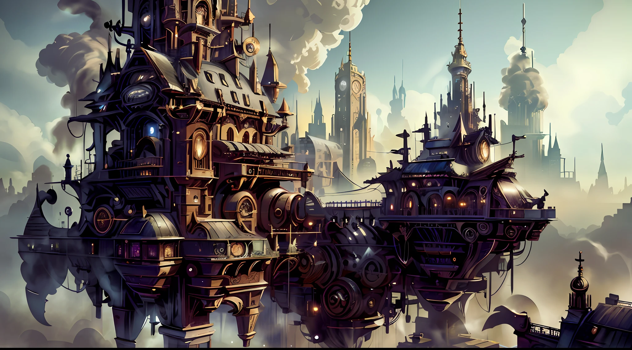 Ultra-high definition, 3D special effects, style personality, steampunk mechanical city, full of steam and futuristic technology, the city is a gossip map, and the aerial steampunk flying machine soars. PCHome unified forensics, aerial overlook, super delicate, colorful, showing the panoramic details of the city.