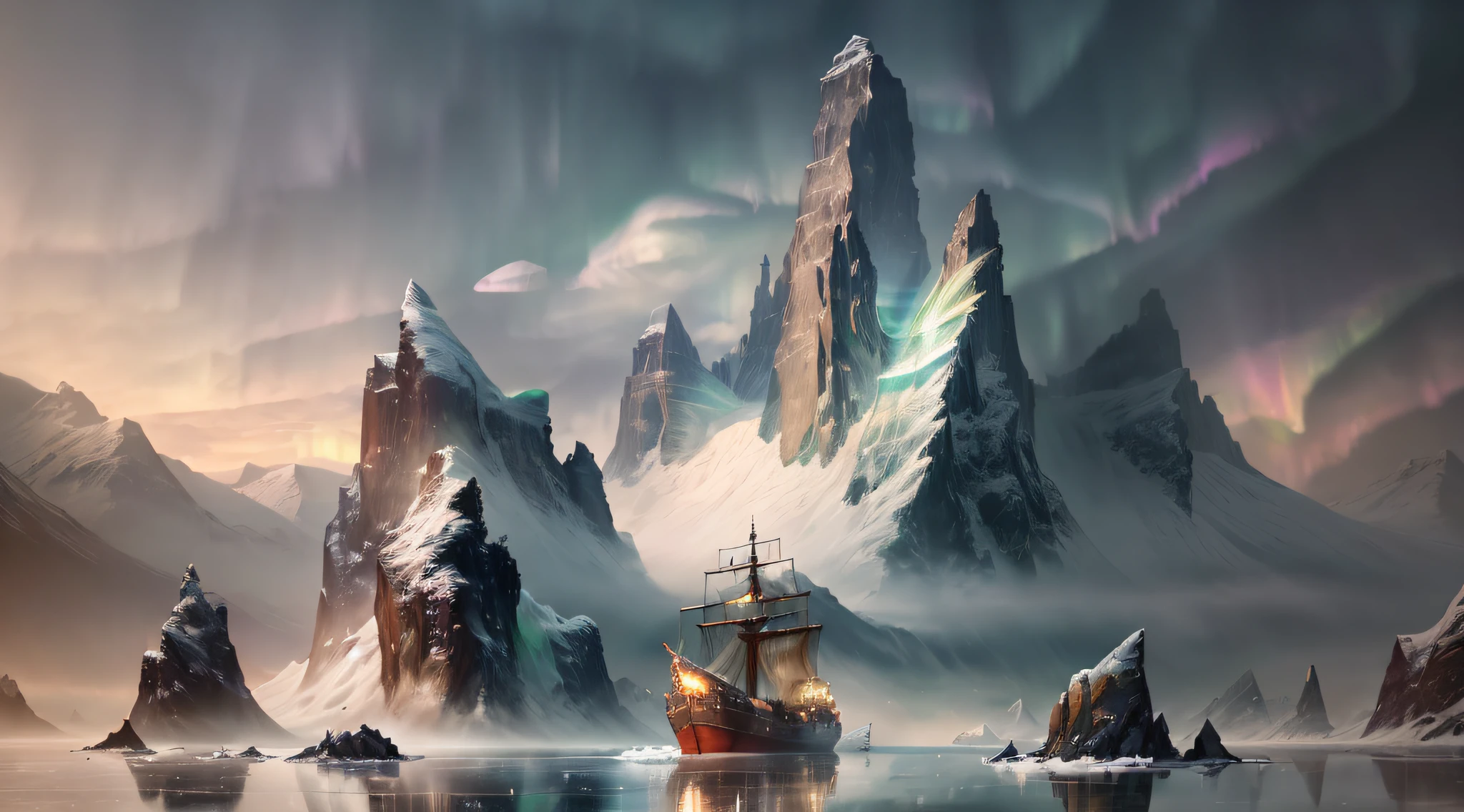 (highly detailed RAW color photo, masterpiece, ultra detailed), An intriguing cover with a medium-sized ship sailing in icy and hazy seas, surrounded by ice-covered mountains. The scenery evokes mystery and suspense, (aurora borealis:1.5), (fog: 1.7) (rain: 1.2) (snowing:1.3) (winter: 1.9) (masterpiece: 1.2) (illustration: 1.1) (best quality: 1.2) (detailed) (intricate) (8k) (HDR) (wallpaper:1.3) (cinematic lighting) (sharp focus) (photography, soft sky lighting, soft details, artstation trend, ultra high detail, ultra realistic, cinematic, 16k, digital art, Dungeon and Dragons-inspired art)