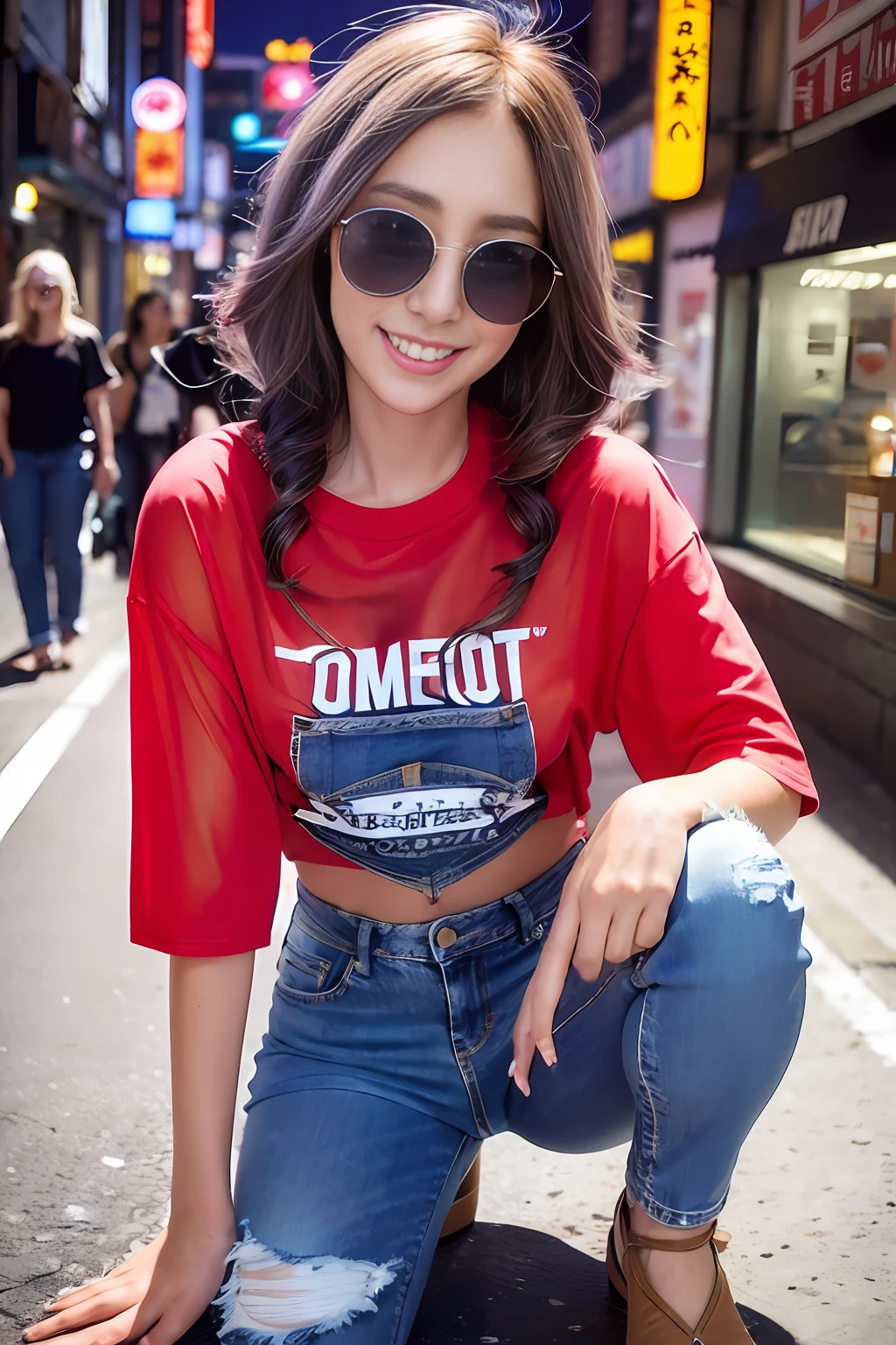 1 girl, gal, (wearing loosefit T-shirts and micro denim pants:1.3), insanely detailed ((red) bra and panties:1.1), (see-through:1.2), fancy sunglasses, flashy accessories, blue eyes, brond hair, (glow hair, mediumhair,:1.2), beautiful detailed brown skin, fancy makeup, crouching, squatting, (looking at viewer), (big smile:1.1), teeth, (blush:1.1), emberrased , (open mouth:0.6), in night city, Glico, neon, OSAKA,