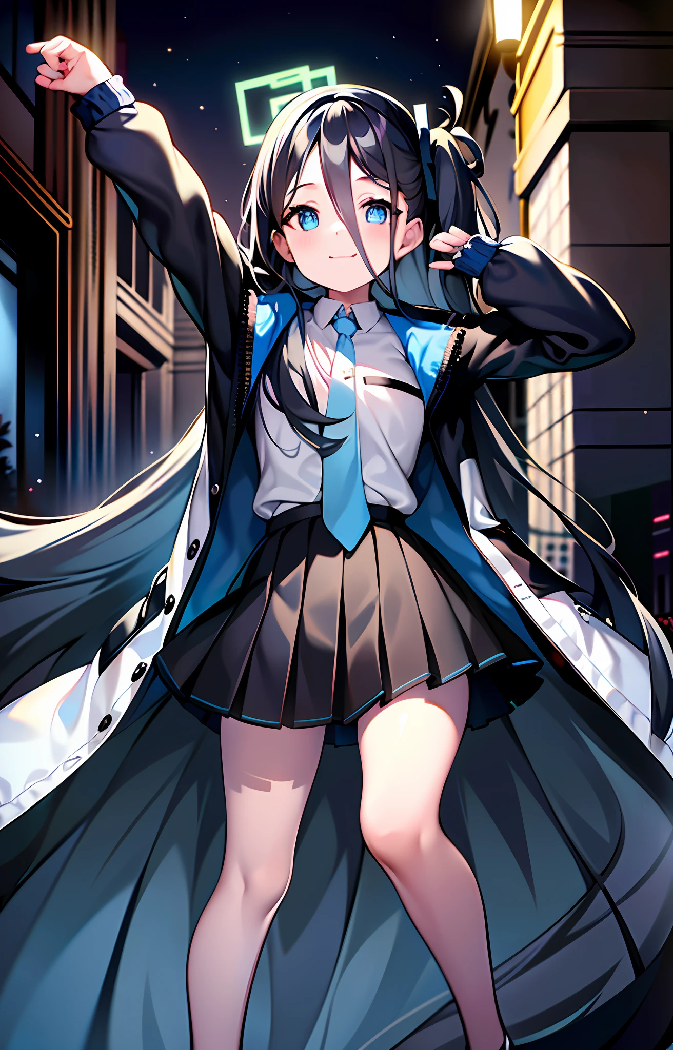 (pureerosface_v1:0.66), best quality, ultra high resolution, (photorealistic: 1.4), 1 girl, fine eyes, dark eye makeup, slim waist, blush, k-pop idol, (charm: 1.0), fine eye makeup, puffy eyes, solo, perfect anatomy, (big), (slender), (black hair: 1), (look at the viewer), (original_ alice), (light blue tie), (marine blue eyes), (zhuo),(alice_halo:0.7),(blue halo),(smile),(happiness),(pigtails),(long hair),(long bangs),(blue archive),(black hair band),(long coat),(school uniform),(white long-sleeved shirt),(pleated skirt),(navy blue skirt),(bare feet),nsfw, depth of field, facial details, skin luster, beautiful eyes, dark eye makeup, slim waist, blush, fine eye makeup, solo, perfect anatomy, ultraman, makeover pose.night view.make a fist.