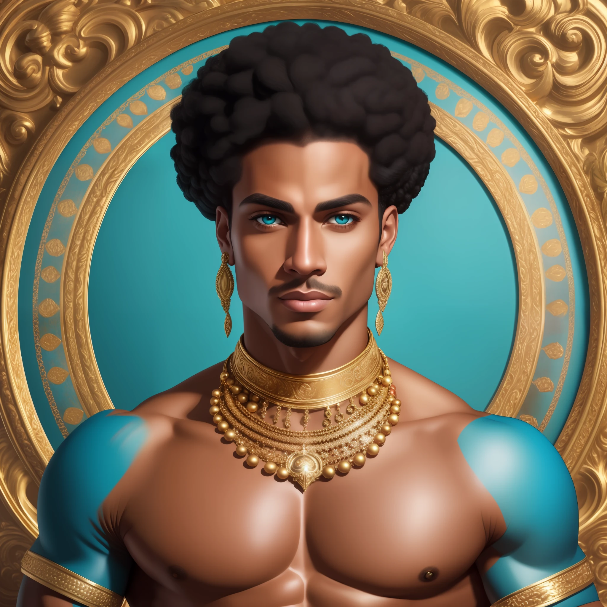 a handsome tanned mixed race muscular man with gold eye makeup, in the style of fatima ronquillo, royal, rince, indigo and red velvet, cultural fusion, karol bak, light brown and teal, carnivalcore, photo-realistic technique --auto --s2