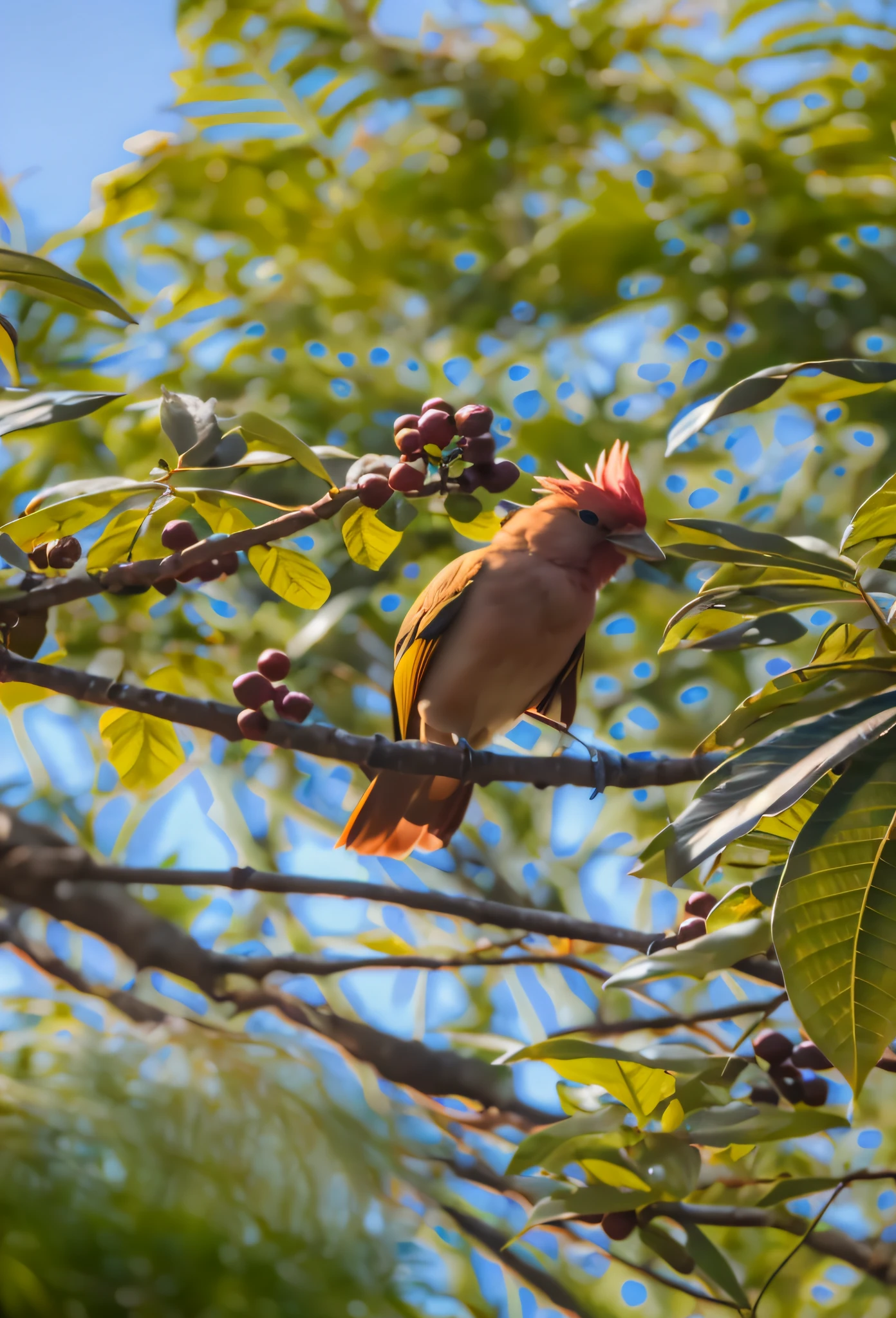 there is a bird that is sitting on a branch of a tree, rare bird in the jungle, perched in a tree, is looking at a bird, photo taken with sony a7r, photo taken with nikon d750, photo taken with nikon d 7 5 0, ethereal cardinal bird, the photo shows a large, morning golden hour