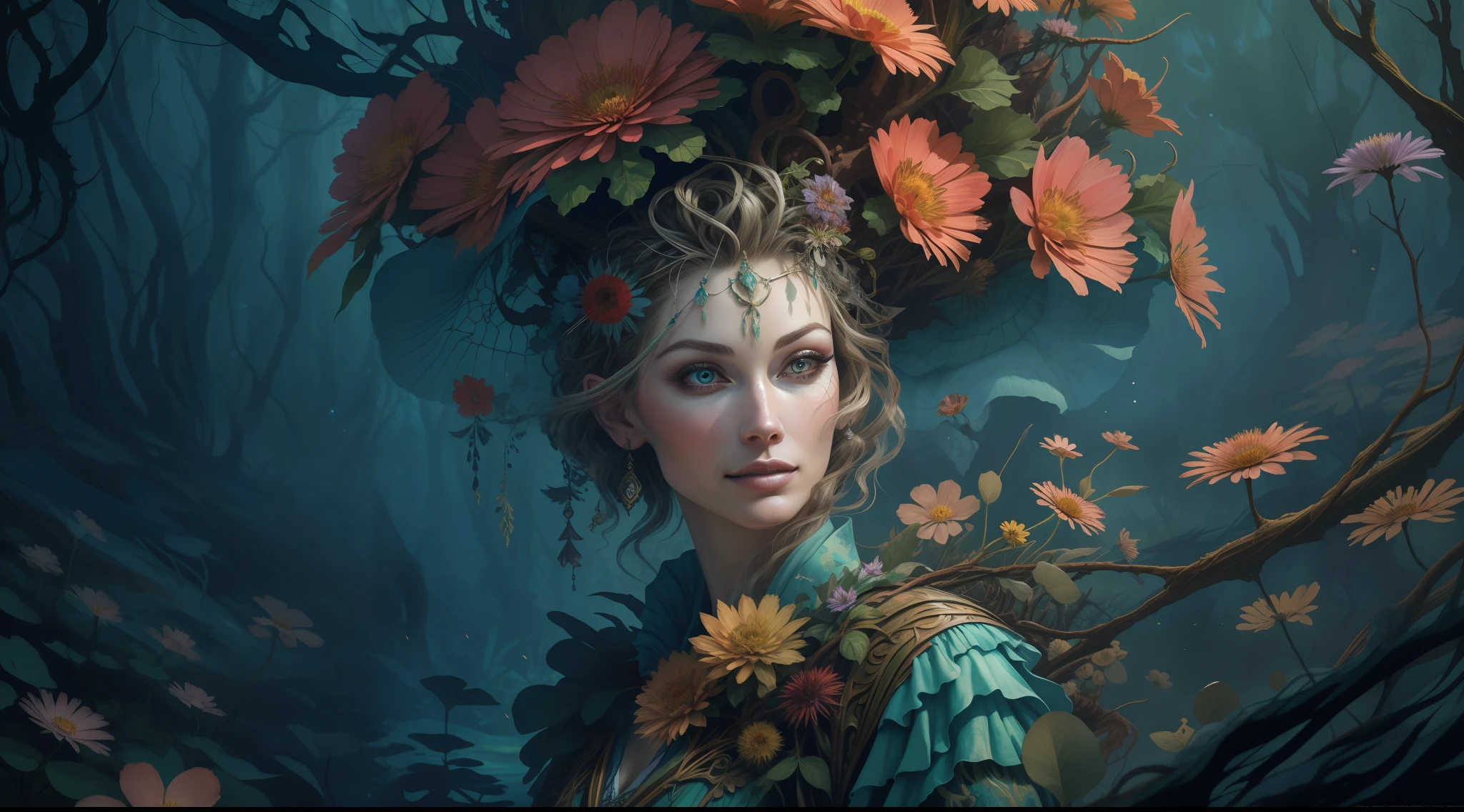 horror art, fear, unified 8k wallpaper, super detailed, beauty and aesthetics, masterpiece, best quality, (zentangle, mandala, tangles, entanglements), 1girl, (shimmering tulle earth tones intricate flower woven robes: 1.2), deep and rich black shadows, (up close from the side: 1.1), Mother Earth, smiling, enchanting whimsical fantasy forest background, happiness, enchanting atmosphere, very detailed, dynamic angle, cowboyshot, the most beautiful chaotic forms, elegance, fauvist design, bright colors, romanticism, by James Jean, Robbie Devi Antonio, Ross Tran, Francis Bacon, Michal Mraz, Adrian Gaini, Petra Koreit, Gerhard Richter, Takashi Yamamoto, Ashley Wood, Atmospheric