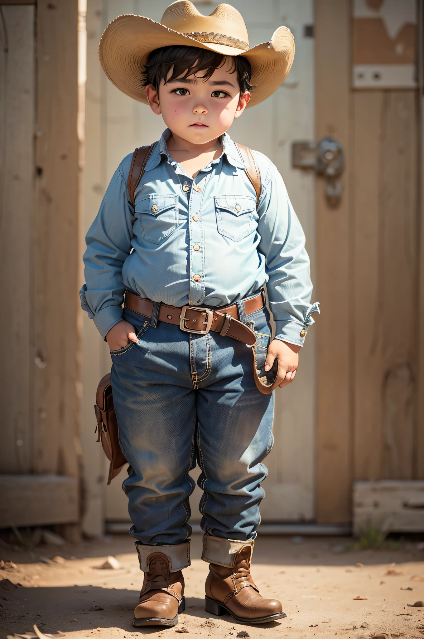 A chubby 8--old  with short hair wearing cowboy clothes, cowboy hat, cowboy boots, cowboy belt and a knife tied around his waist.