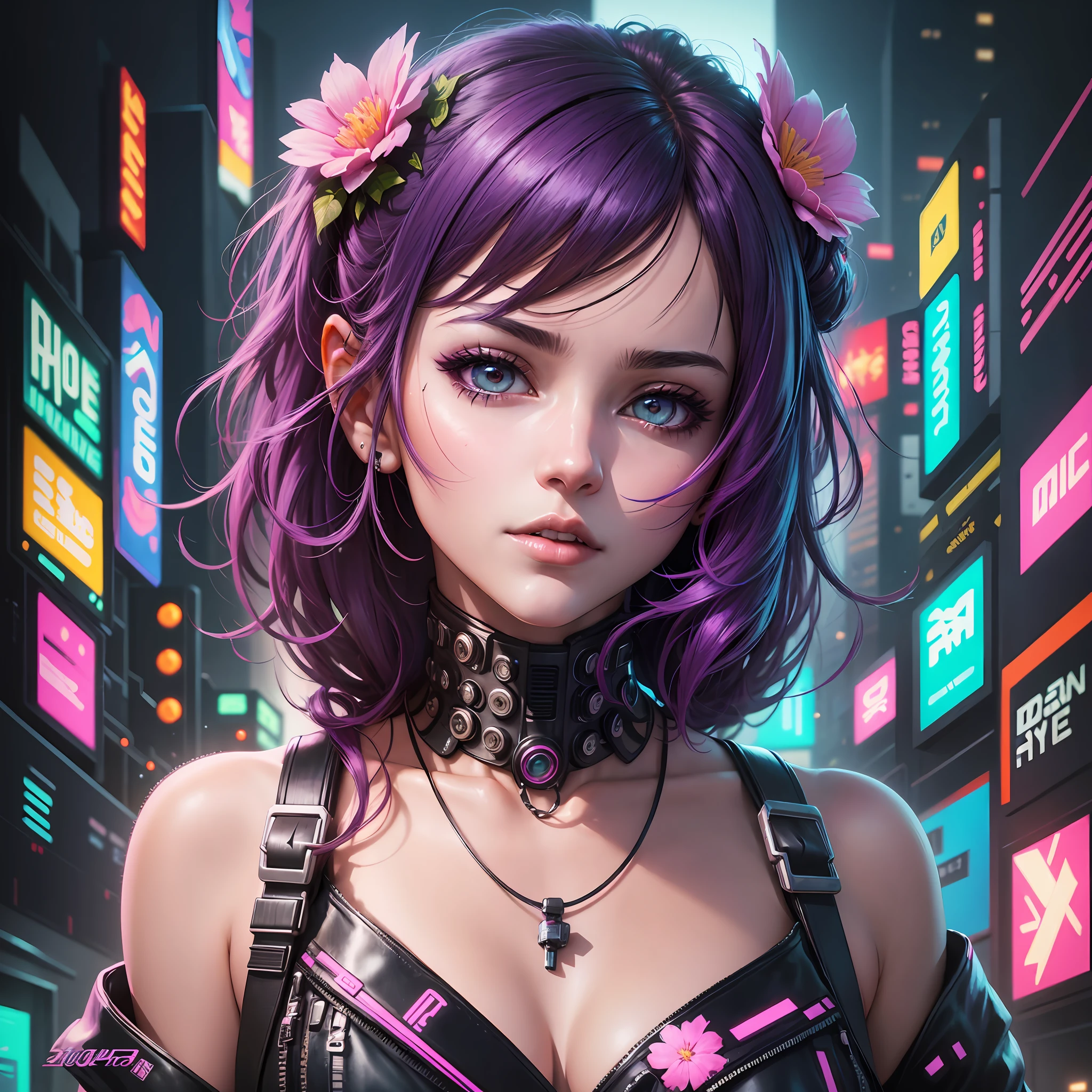 a closeup of "a woman with a real flower in her hand", innovative, surprising and striking digital cyberpunk anime art, dreamy cyberpunk girlvery explosive, neon cyberpunk art style, futuristic art style, digital cyberpunk - anime art, cyberpunk girl portrait, advanced digital cyberpunk art, cyberpunk themed art, beautiful cyberpunk girl face,  cyberpunk art style, highly detailed 4k digital art, cyberpunk digital painting, cyberpunk anime art