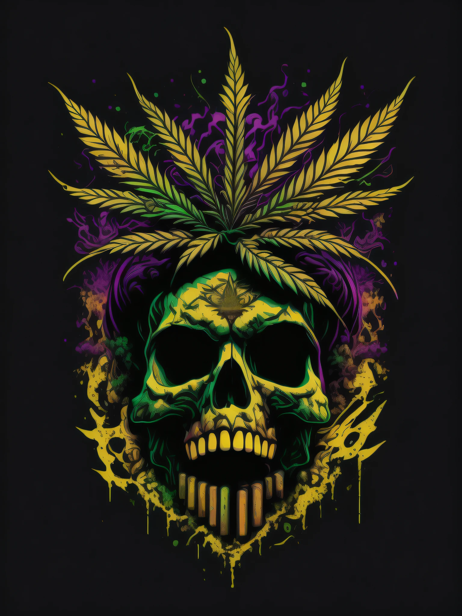 skull, marijuana, vector image, t-shirt design, isolated, black background, yellow green and purple illustration only