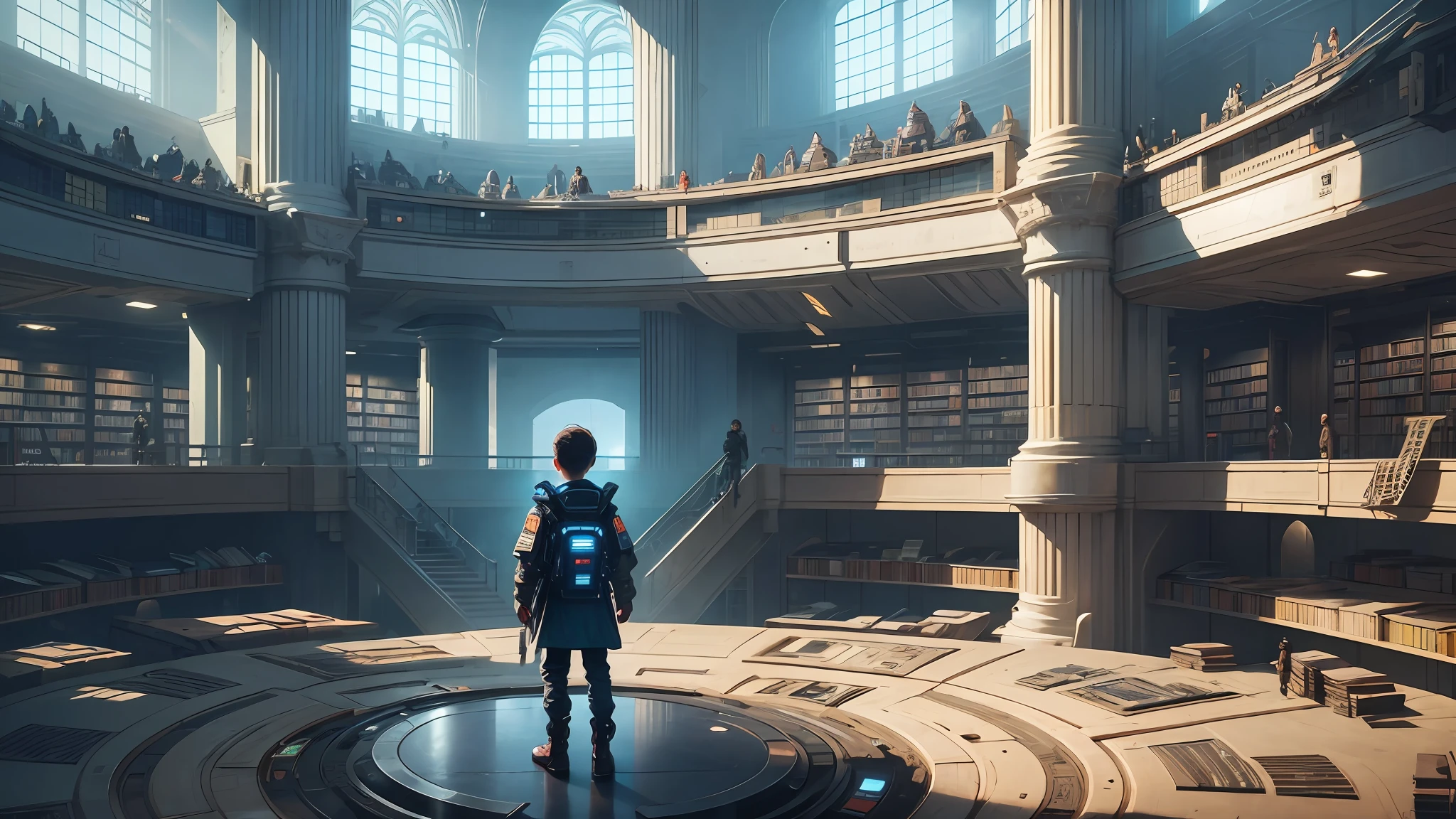 giant futuristic library with thousands of books. A cyberpunk  in the center of the Library looking in awe --auto --s2