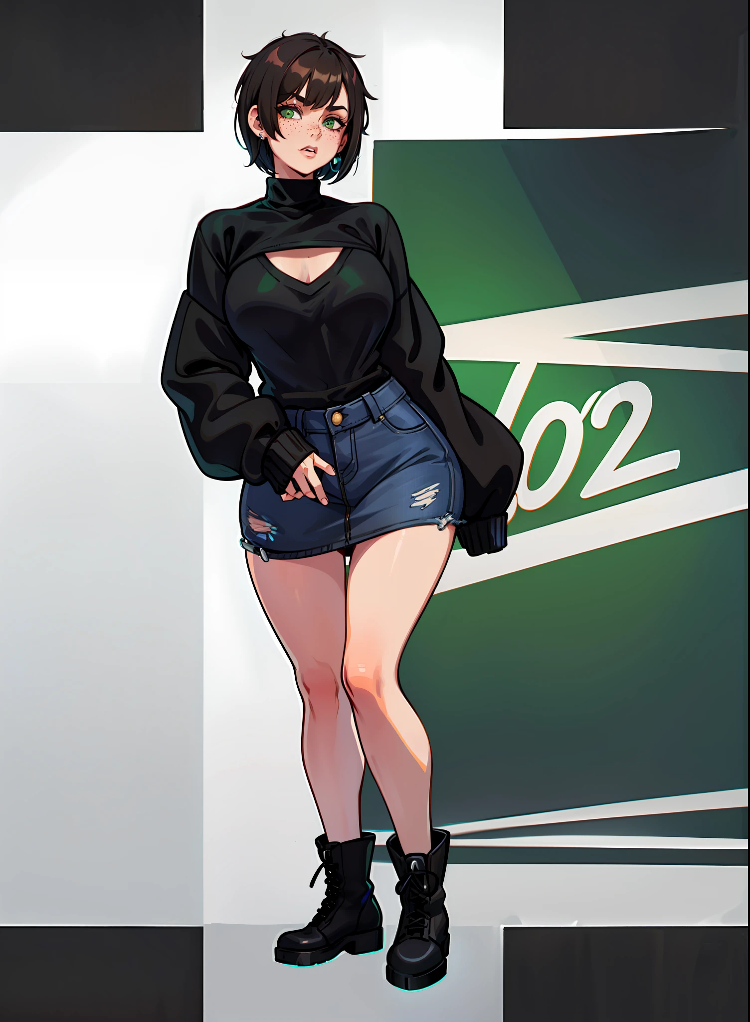 1woman, 1girl, solo woman, 1 person, single person, woman with a black baggy shirt and blue jeans, full body portrait, girl fanart, !!full body portrait!!, fullbody portrait, full body character portrait, full-body character portrait, detailed full body portrait, character full body portrait, full body illustration, anime full body illustration, anime style character, short brown hair, combat boots, green eyes, Black sweater, freckles, hoop earings, loose sweater, baggy sweater, color black, ((Oversized sweater)) ((no item in hands)) ((Black sweater)) ((Black clothing)) ((BROWN HAIR)) ((SHORT HAIR)) ((LEWD)) ((naughty)) ((Showing skin)) ((No skirt)) ((Showing chest))