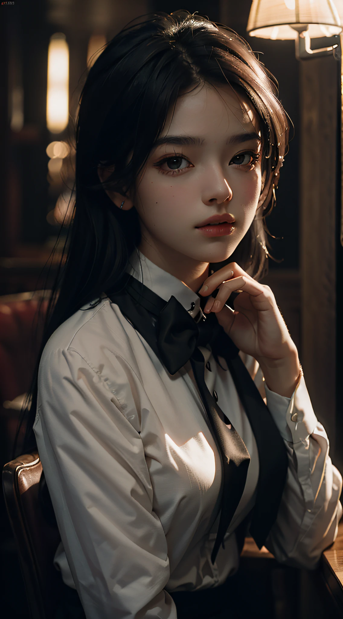Best Quality, Masterpiece, Ultra High Resolution, (Realism: 1.4), Original Photo, 1girl, black tie, Cinematic Lighting