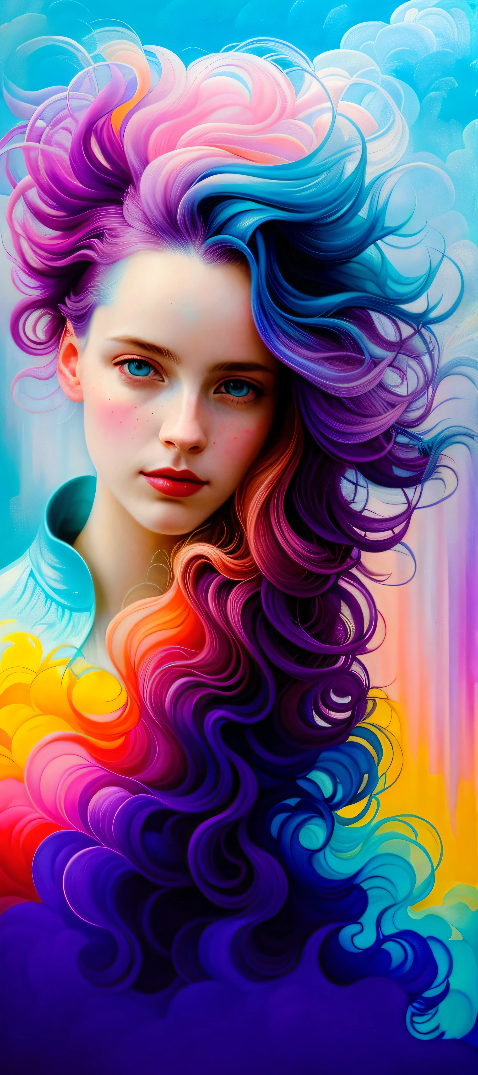 _james jean, floating female figure, smoke, in the sky, colorful and vibrant, mystical colors, contemporary impressionism, portrait painting, iridescent painting, 3/4 perspective vision, cute face, low angle, sweeping circular composition, large crystal eyes, large irises, UHD, HDR, 8K, (masterpiece: 1.5), (the most beautiful portrait in the world: 1.5)