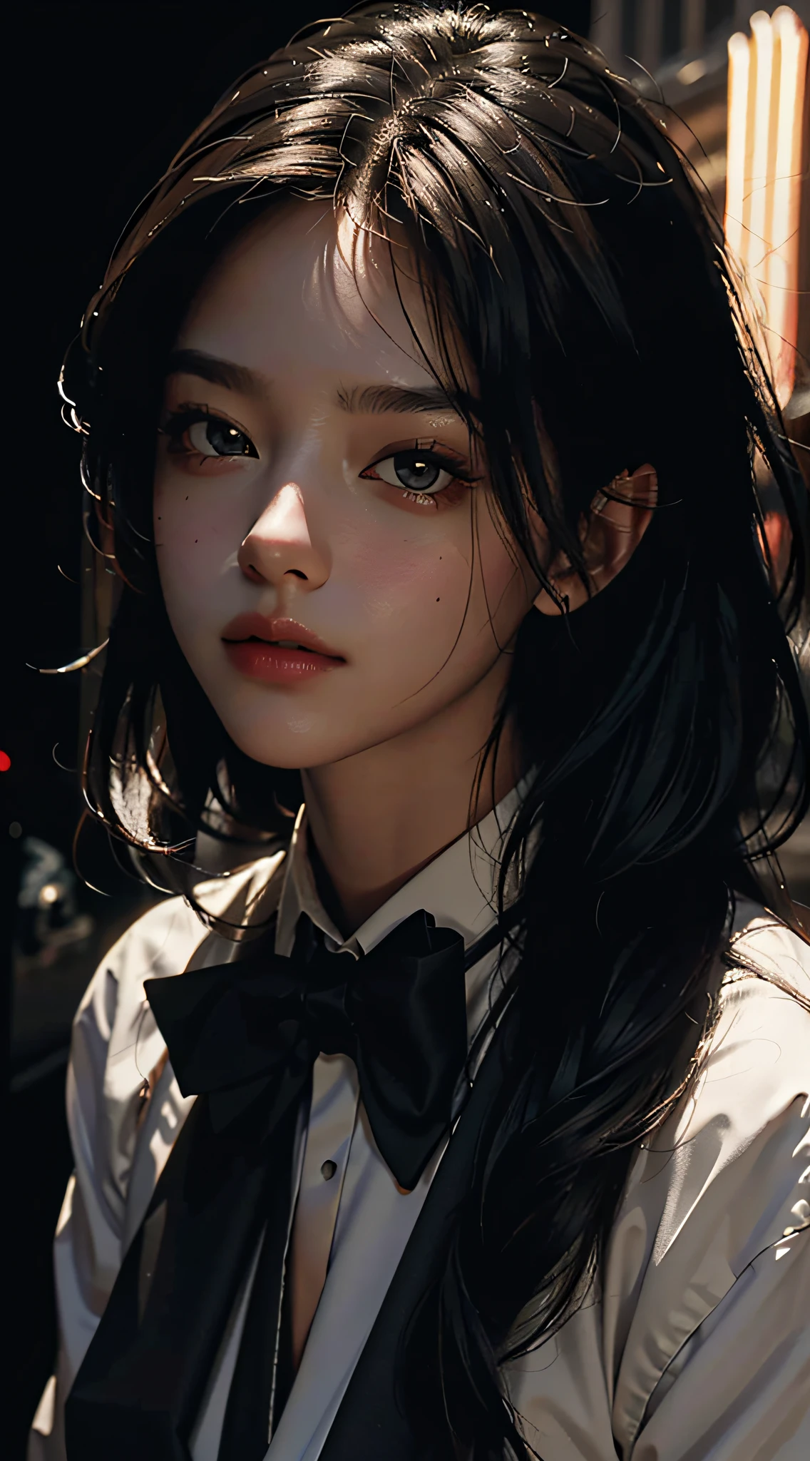 Best Quality, Masterpiece, Ultra High Resolution, (Realism: 1.4), Original Photo, 1girl, black tie, Cinematic Lighting