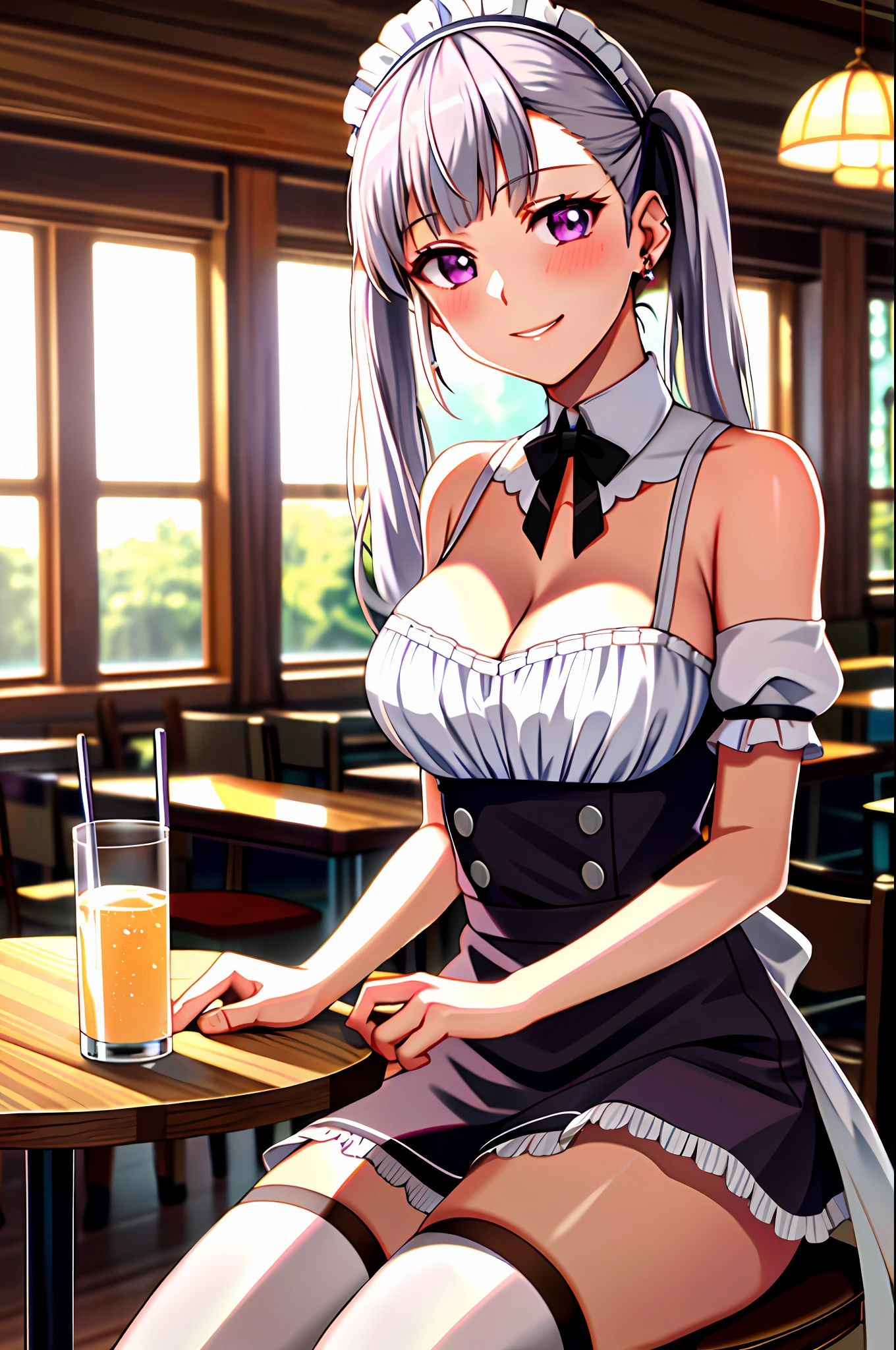 1girl, cowboy shot, beautiful noelle_silva, long hair , twintails, bangs, earring, jewelry, silver hair, purple eyes, maid_dress, maid dress, stocking, naid hairband, white hairband, cleavage, water, medium breast ,smile, room, indoors, cafe, food, table, chair, drink, front light, volumetric lighting, best quality, masterpiece, intricate details, tonemapping, sharp focus, hyper detailed, blush, sexy pose, sitting,