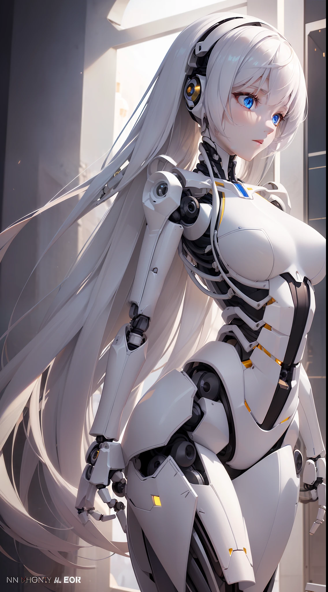 (High Precision CG unity 8k wallpaper, world enveloped in mysterious beauty, slender robot girl:1.2),(White full body:1.2),(White head:1.2),Porcelain-like skin,(Mechanical joints:1.6),(White curved armor:1.2),Elongated gold edging, (illuminated by pale light:1.1), beautiful studio Soft light,rim light,subtle outline, cityscape, Upper body angle.