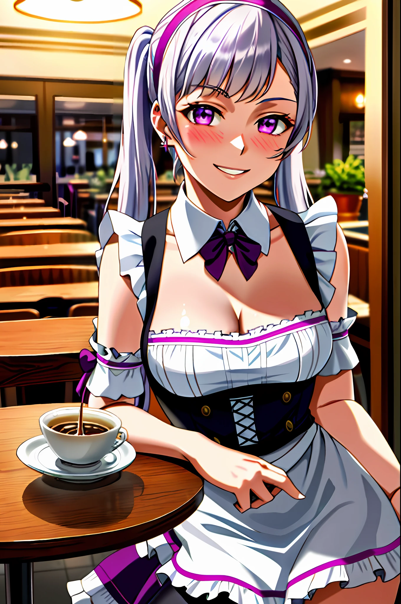 1girl, cowboy shot, beautiful noelle_silva, long hair , twintails, bangs, earring, jewelry, silver hair, purple eyes, maid_dress, maid dress, stocking, naid hairband, white hairband, cleavage, water, medium breast ,smile, room, indoors, cafe, food, table, chair, drink, front light, volumetric lighting, best quality, masterpiece, intricate details, tonemapping, sharp focus, hyper detailed, blush, sexy pose, sitting,