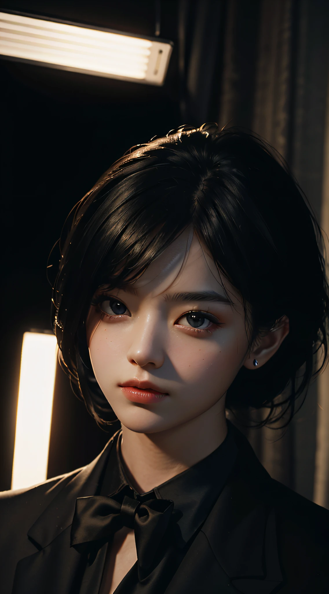 Best Quality, Masterpiece, Ultra High Resolution, (Realism: 1.4), Original Photo, 1girl, black tie, Cinematic Lighting