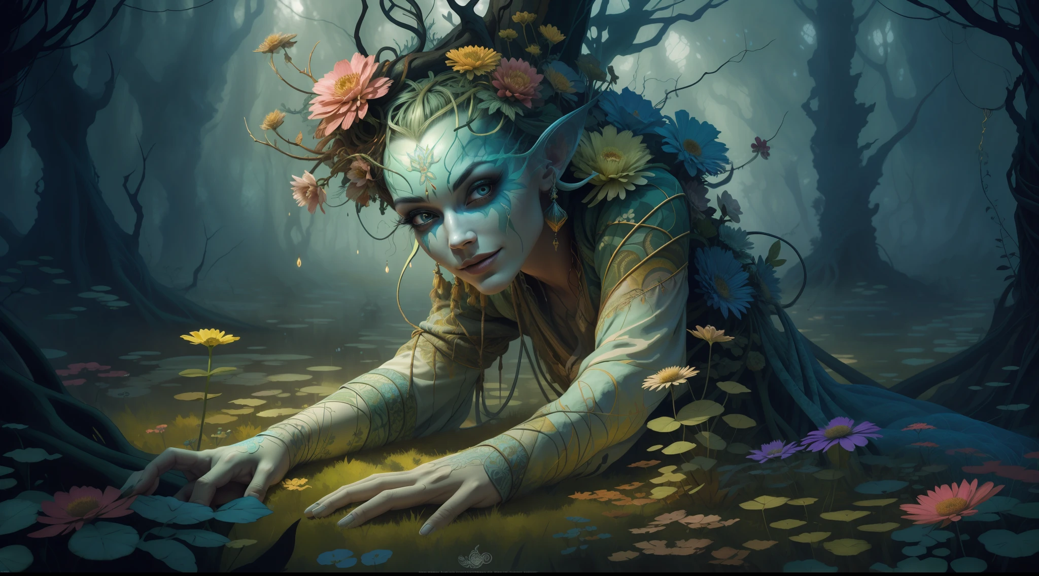 horror art, fear, unified 8k wallpaper, super detailed, beauty and aesthetics, masterpiece, best quality, (zentangle, mandala, tangles, entanglements), 1girl, (shimmering tulle earth tones intricate flower woven robes: 1.2), deep and rich black shadows, (up close from the side: 1.1), Mother Earth, smiling, enchanting whimsical fantasy forest background, happiness, enchanting atmosphere, very detailed, dynamic angle, cowboyshot, the most beautiful chaotic forms, elegance, fauvist design, bright colors, romanticism, by James Jean, Robbie Devi Antonio, Ross Tran, Francis Bacon, Michal Mraz, Adrian Gaini, Petra Koreit, Gerhard Richter, Takashi Yamamoto, Ashley Wood, Atmospheric