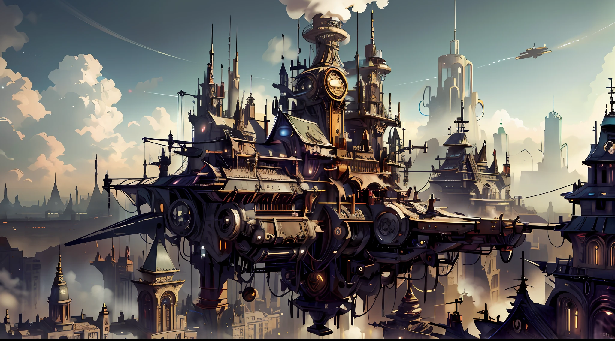 Ultra-high definition, 3D special effects, style personality, steampunk mechanical city, full of steam and futuristic technology, the city is a gossip map, and the aerial steampunk robot flying machine soars. PCHome unified forensics, aerial overlook, super delicate, colorful, showing the panoramic details of the city.