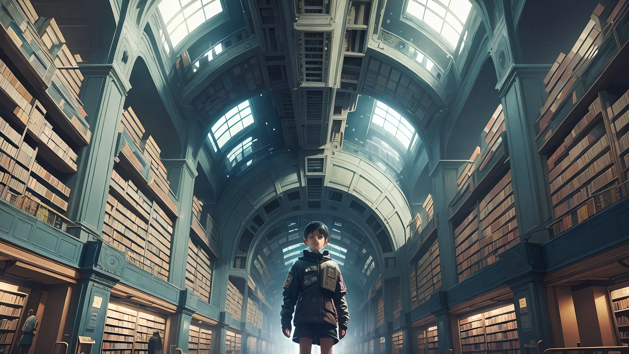 giant futuristic library with thousands of books. A cyberpunk child in the center of the Library looking in awe --auto --s2