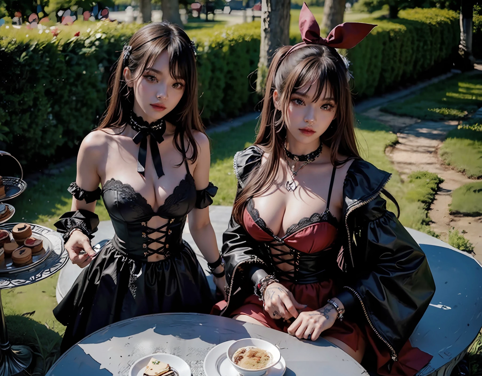 Alice in Wonderland, Lisa from BLACKPINK as Alice, dark fantasy, Final Fantasy, Tokyo Ghoul, large breasts, one girl, tattoos and piercings, goth girl Lolita, focus on chest, perfect view, tea party with the handsome Johnny Depp as the Mad Hatter from Alice in Wonderland, detailed, high definition, high resolution, sfw, exposed breasts, busty, six pack abs, fit, toned body, slim waist Alice, huge feast on table, outdoor tea party, masterpiece