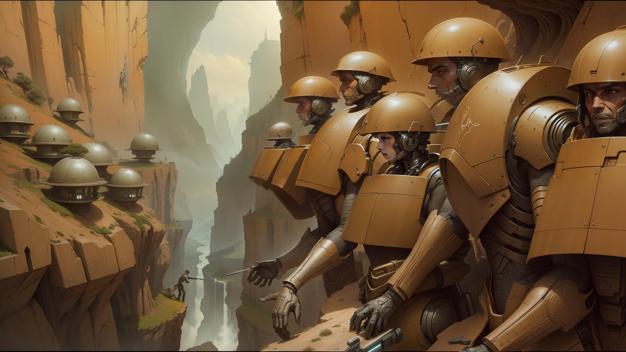 there are two soldiers standing on a cliff in a city, peter gric and dan mumford, craig mullins nekro, by Peter Gric, style of jim burns, inspired by Stephan Martiniere, cgsociety ), cybernetic civilizations, cybernetic civilisations, fractalpunk, award winning scifi art, by Ian Miller --auto --s2