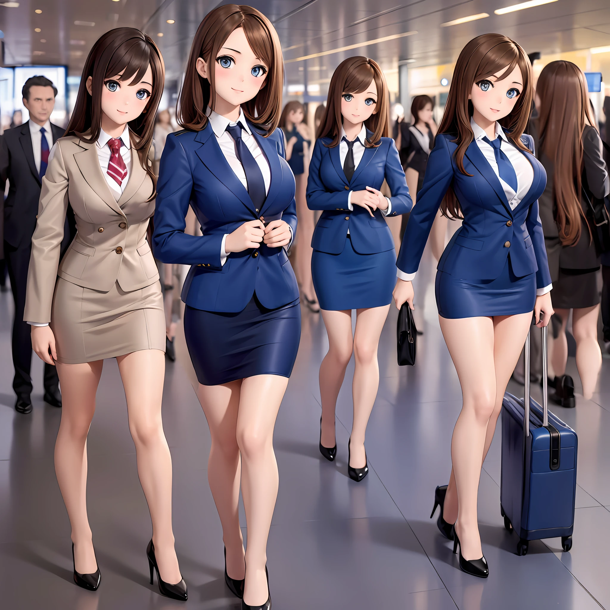 {{Mature female, caucasian}}, looking at viewer, hazel eyes, extremely detailed, medium breasts, brown hair, airport, flight attendant, uniform, dark blue blazer, dark blue necktie, dark blue skirt, medium skirt, pencil skirt, bare legs, blue high heels, happy, best quality, high quality, extremely detailed anime screencap, group shot, {{{{crowded, multiple girls, thousands of sisters, millions of sisters,billions of sisters, clone, doppelganger, matching outfit, matching hairstyle}}}}, full body