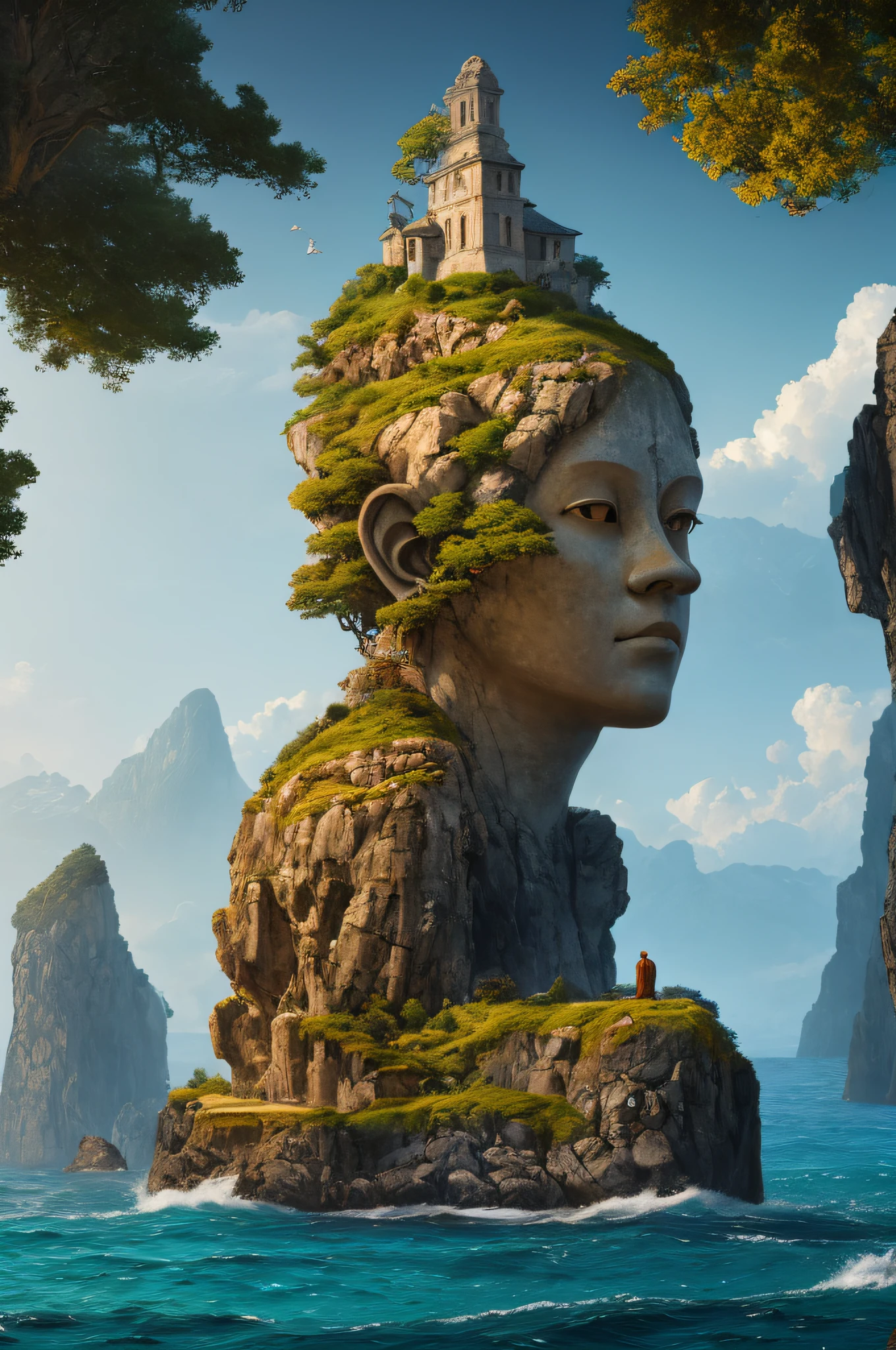 (masterpiece, best quality:1.2), super detail, cinematic lighting, HDR, illustration, Giant stone heads as habitat amid the sea, colorful,  monks in procession, mystery, highly detailed, high contrast, golden ratio composition, epic view, masterpiece,