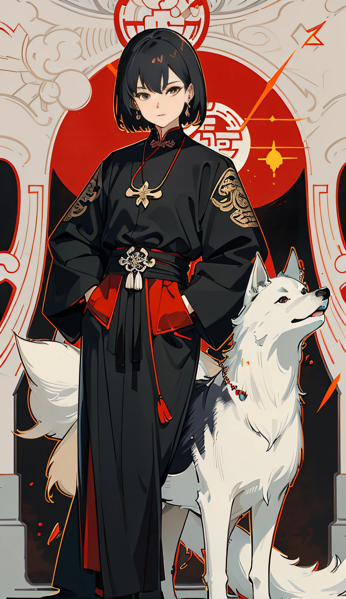 ((Masterpiece: 1.4, Best Quality))+,(Ultra Detailed)+, Looking at the Camera, Close-up Face, Black Suit, Tattoo, Necklace, Earrings, Short Hair, Hands in Pockets, Mural of a Wolf on the Back, Red Background, Cinematic Lighting, Passionate University, Chinese Style