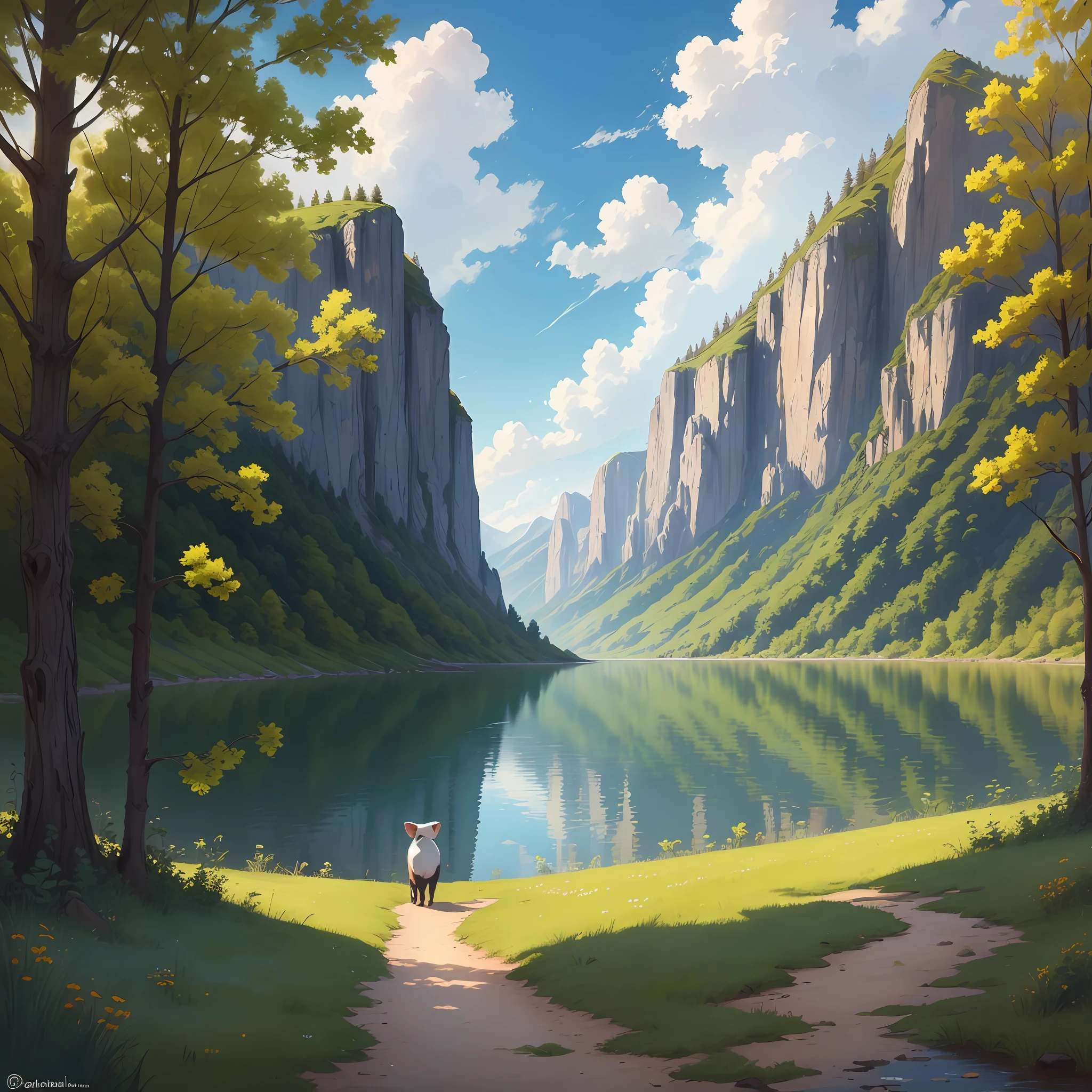a calf in a field with lake in the background, animal, (adorable: 0.4), Disney style, cartoon painting
