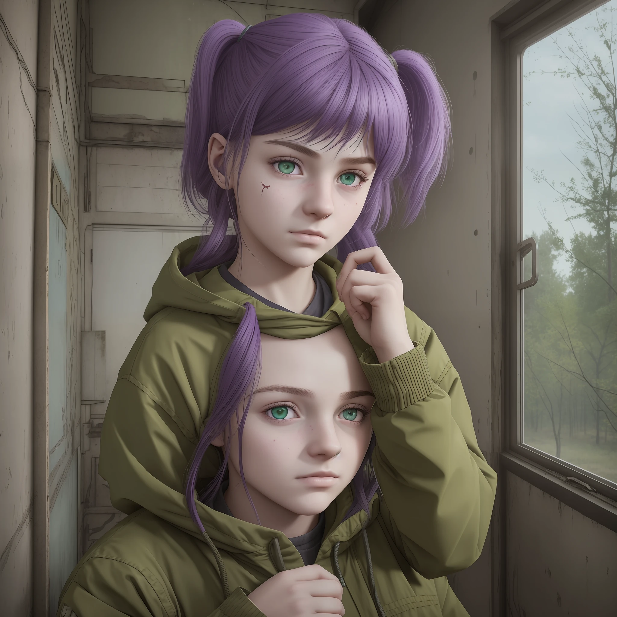 Girl in combenison, Chernobyl exclusion zone, S.T.A.L.K.E.R, purple hair, green eyes, scar above her left eyebrow, unarmed, five fingers on her left hand, five fingers on her right hand, sad.