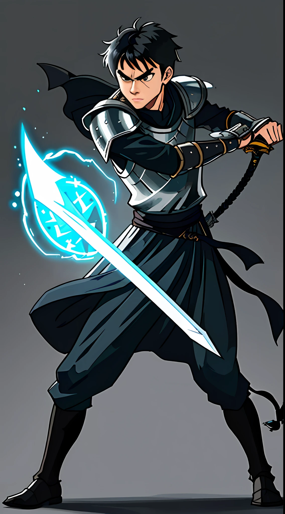 (Young Man), warrior in battle costume (medieval clothes), black hair, (black hair), shield and sword, (using shield and swords), (no strong shirt), high detail, high resolution, raw photo, gray background, 1 man, solo, high quality, sharp body, detailed, detailed, cartoonish, ((holding magic sword with electricity)), ((looking at the viewer)), (angry), full body, ((full body portrait)), far, (((full body concept)))), attack pose, battle pose, medium body, thin, pixel art, style pixel