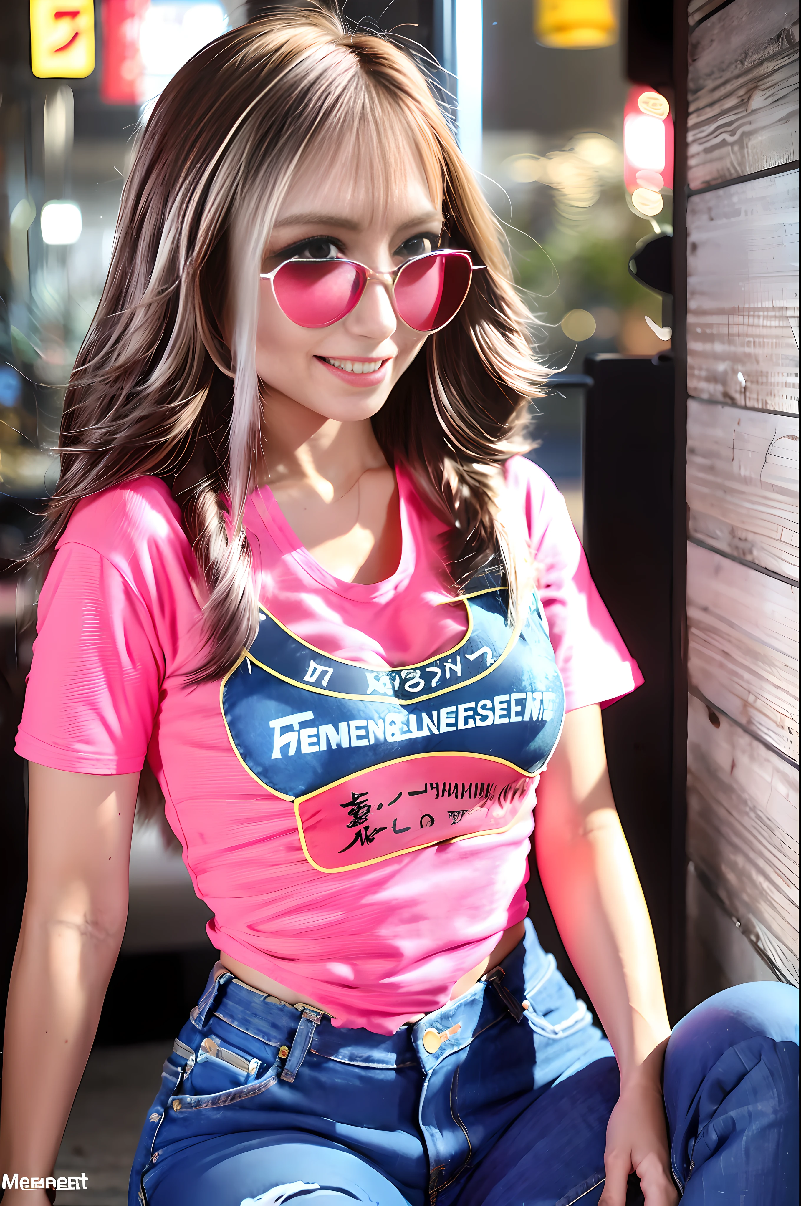 1 girl, gal, (wearing loosefit T-shirts and micro denim pants:1.3), insanely detailed ((red) bra and panties:1.1), (see-through:1.2), fancy sunglasses, flashy accessories, blue eyes, brond hair, (glow hair, mediumhair,:1.2), beautiful detailed brown skin, fancy makeup, crouching, squatting, (looking at viewer), (big smile:1.1), teeth, (blush:1.1), emberrased , (open mouth:0.6), in night city, Glico, neon, OSAKA,