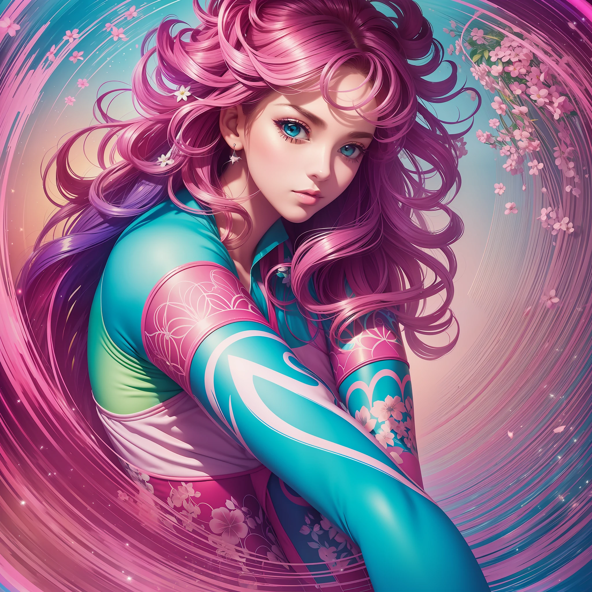 woman in cycling clothes, adorned with flowers, vibrant, anime-inspired colors, soft pastels, brush strokes, ethereal, digital painting, beautiful intricate patterns, delicate curls, rainbow, fun, stylish, high contrast, bold shadows, fantasy elements, modern feel, retro vibes, lively and energetic, surrealistic elements, kaleidoscopic patterns, dreamlike atmosphere, eccentric, effervescent, contemporary feel, eye-catching details, magical ambience, liveliness, youthfulness, pop-art influences, immersive depth. ground view --auto --s2