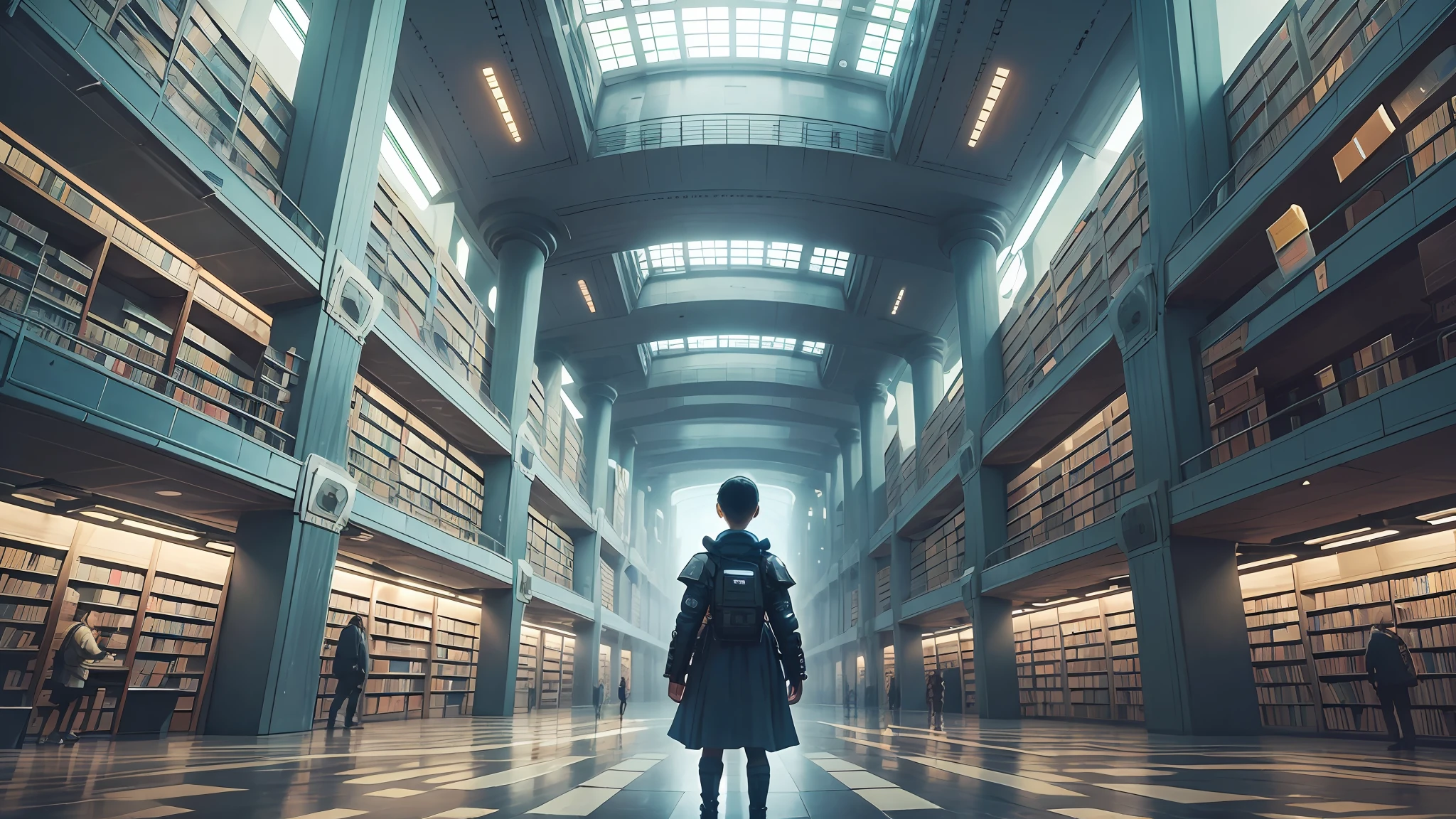 giant futuristic library with thousands of books. A cyberpunk child in the center of the Library looking in awe --auto --s2