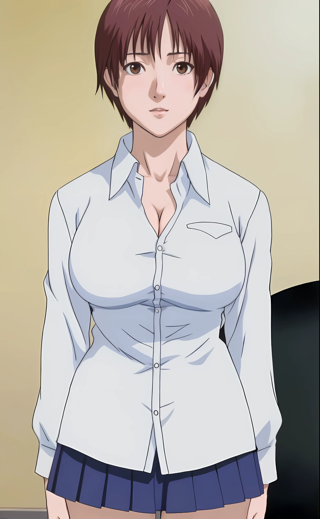 Kei Kishimoto, short hair, verticals cut bangs, shirt, breasts, cleavage, short skirt blue,