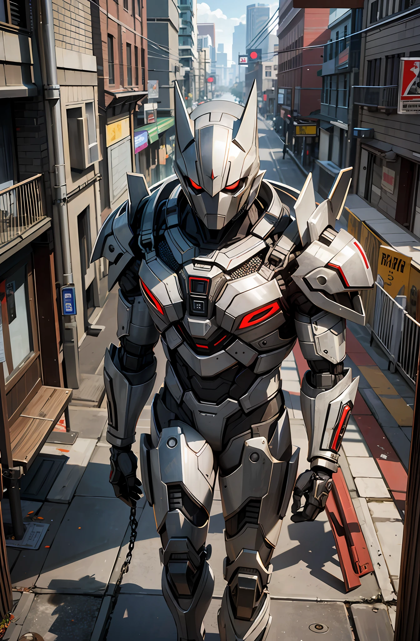 Dark_Fantasy, Cyberpunk, (chain saw, chain saw man, Red: 1.1), 1man, Mechanical marvel, Robotic presence, Cybernetic guardian, wearing shabby mech suits, intricate, (steel metal [rusty]), elegant, clear focus, photographed by Greg Rutkowski, Soft lighting, bright colors, masterpiece, ((street)), ultra-long-range shooting, golden armor, hundreds of enemies, main characters overlooking enemies from above, Batman style, super complex details, 8k, HD picture, delicate brushstrokes