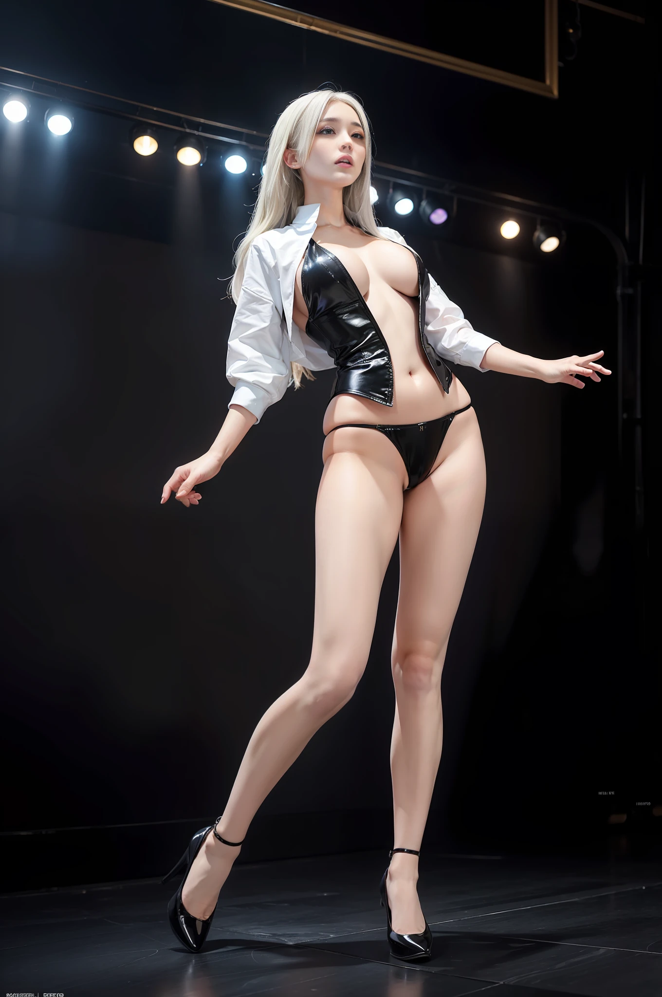 1girl, solo, brown eyes, white hair, (HP: 1), walking in a dark nightclub, (surrounded by many strippers: 1.2), crowd, full body, (uniform: 1.5), dullyarts,eye details, (realism:1.4),official art,unreal 8k wallpaper,ultra-detailed,masterpiece,best quality,(dynamic angle:1.4),(dark and elegant Lighting: 1.2), calm, dim colors, , no panties