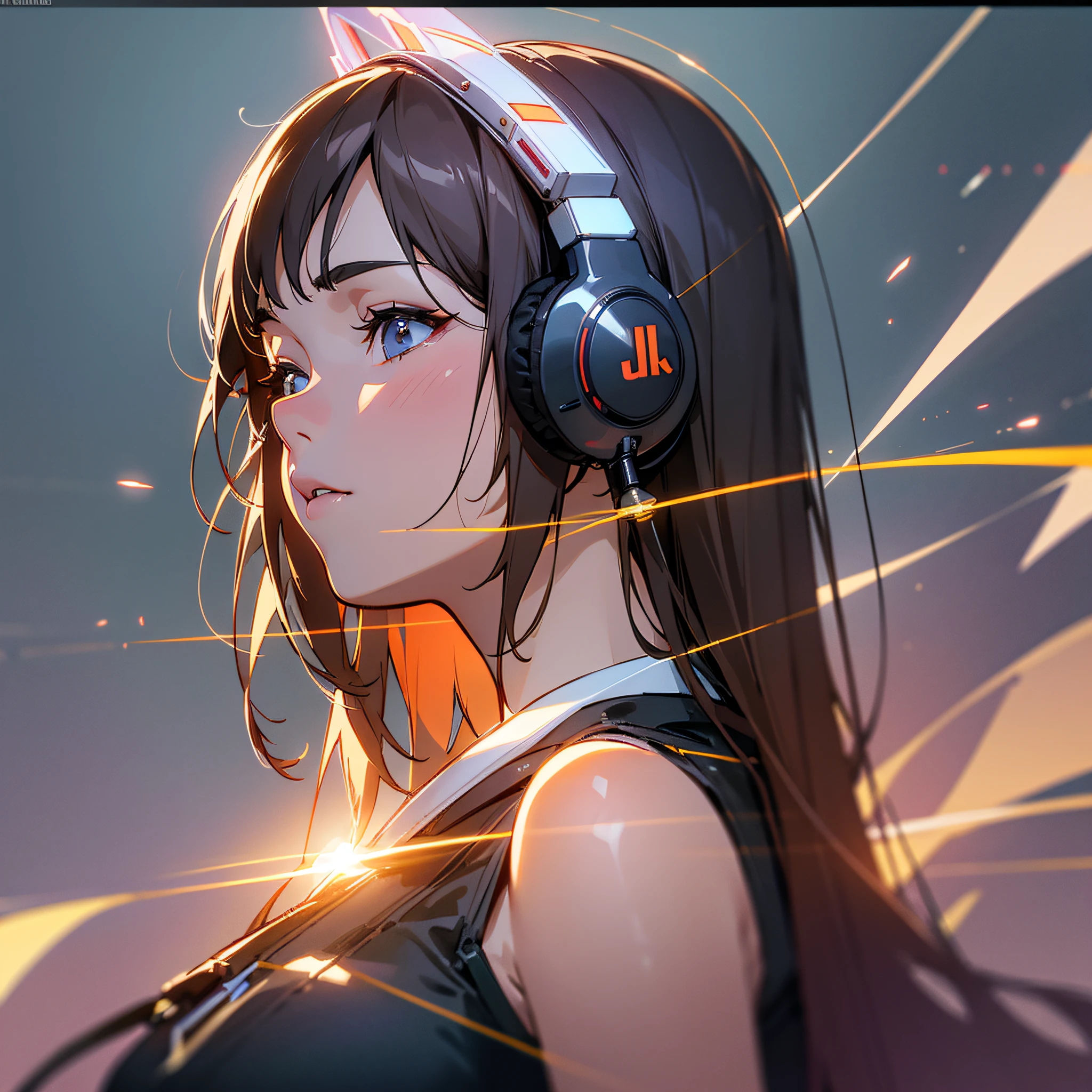 Best quality, realistic, realistic, award-winning illustration, (complicated detail: 1.2), (fine detail), (complicated detail), (cinematic lights, best quality backlight), sharp lines, sharp focus, official art, 8k unit wallpaper, absurd, unbelievably absurd, huge file size, ultra of an attractive brunette woman listening to music with large headphones with the background of ballad lights --auto --s2