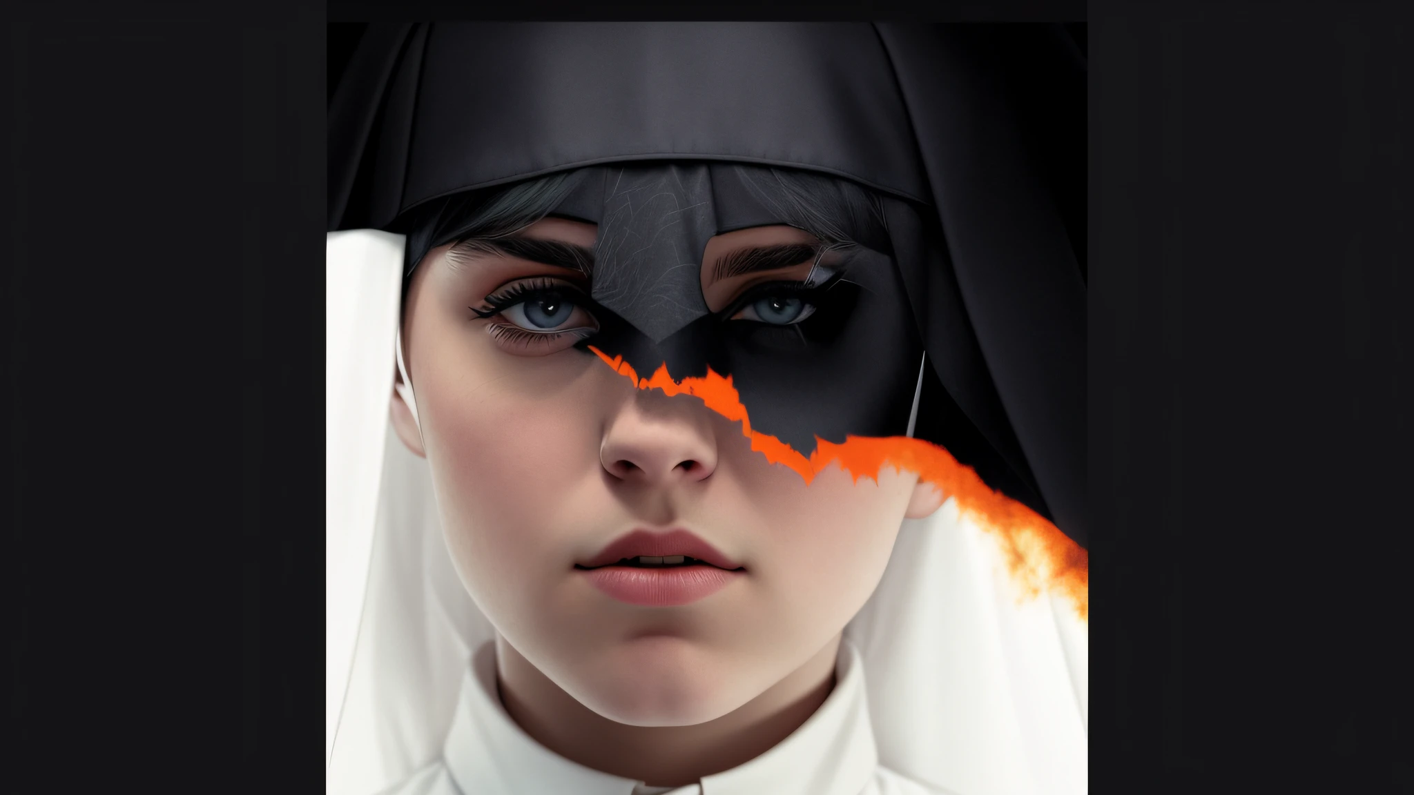 a close up of a person with a cat's face behind a piece of paper, billie eilish as a nun, billie eilish as a sad nun, an evil nun, nun, karol bak of emma watson nun, movie poster character, vampire nun, nun fashion model, movie poster with no text, official poster, textless, intense stare, character poster