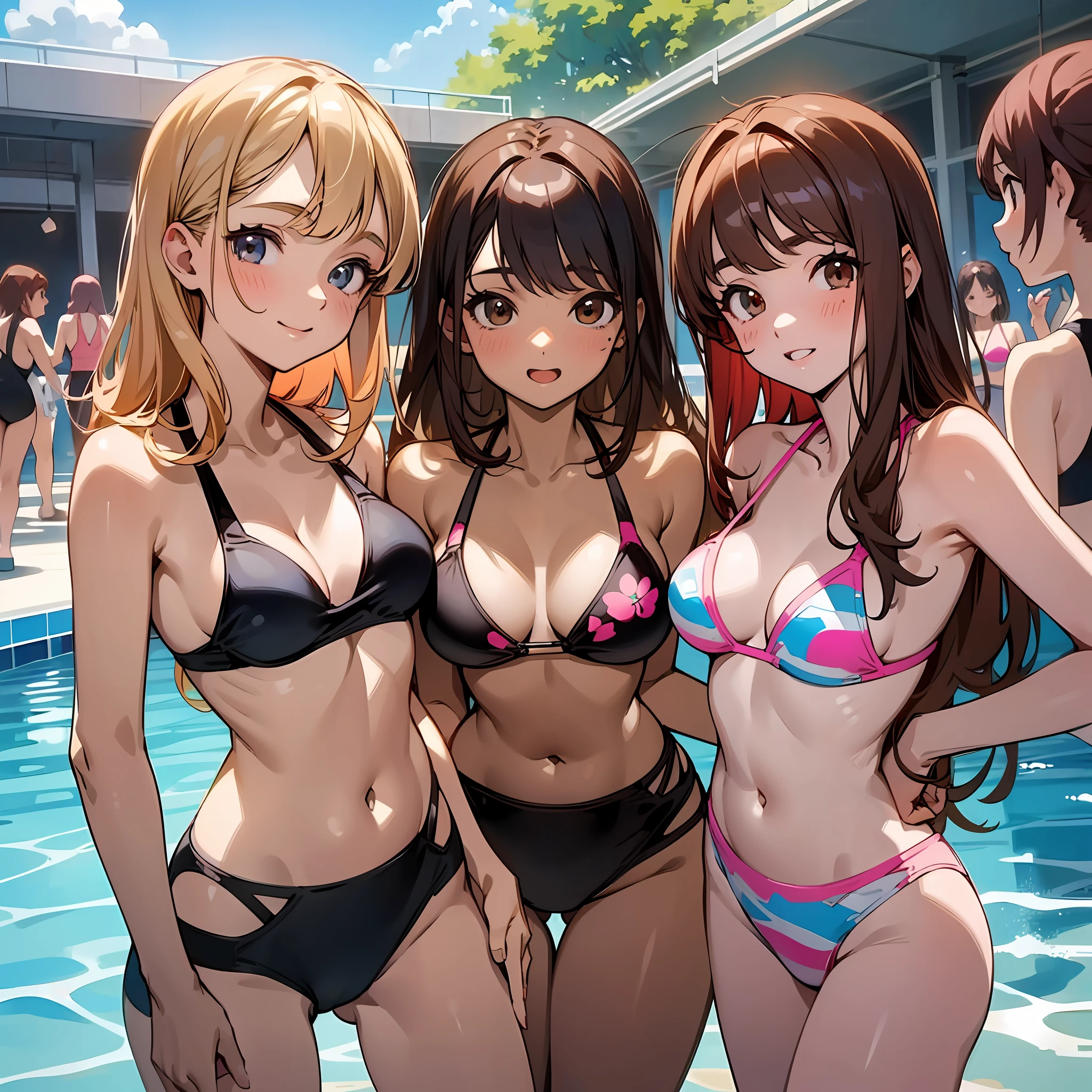 {{age female, caucasian, hundreds of girls, many girls, group shot}}, looking at viewer, hazel eyes, extremely detailed, brown hair, blonde hair, red hair, black hair, pink bikinis, pool, matching bikinis, happy, best quality, high quality, extremely detailed anime screencap
