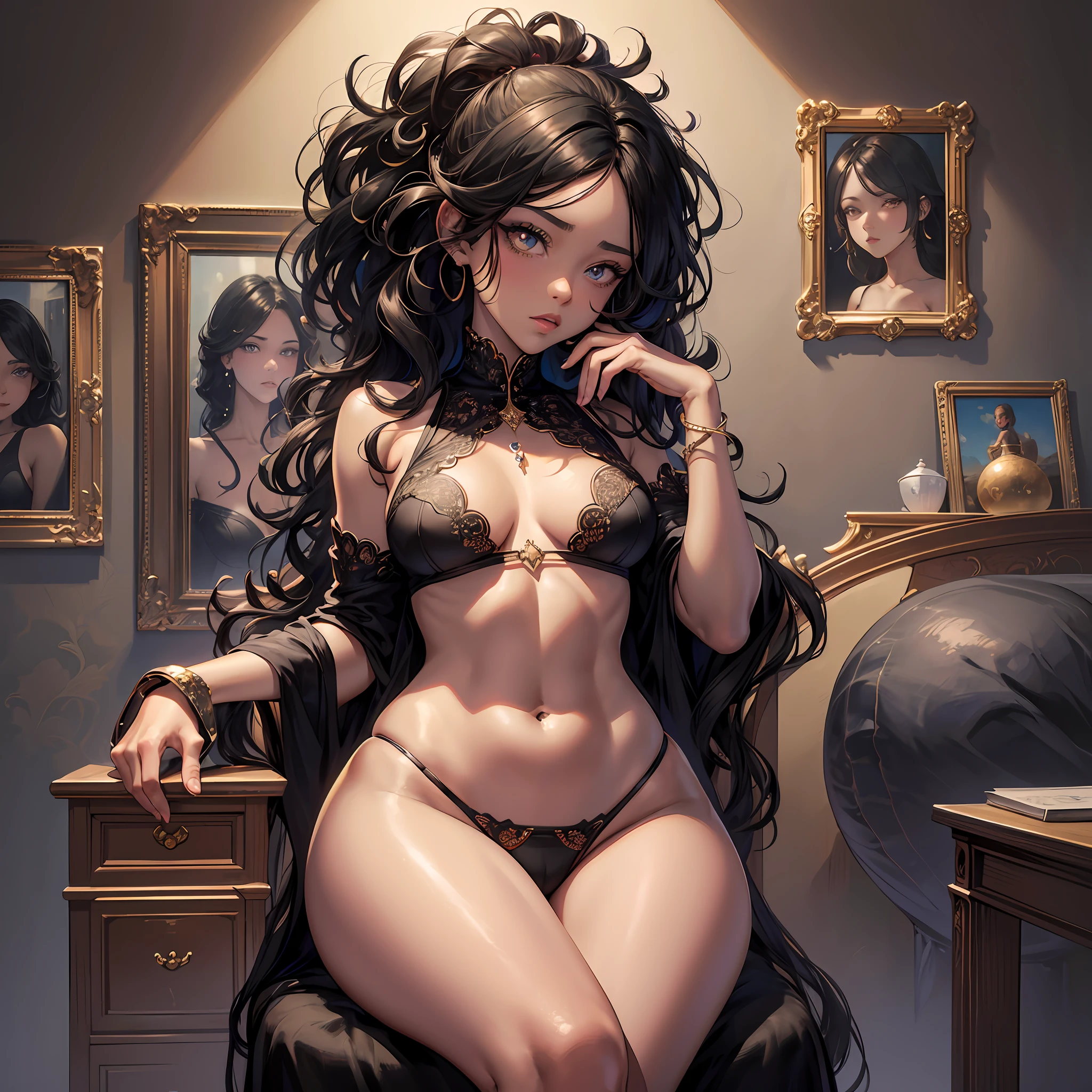character of steven universe (hyperrealistic), (illustration), (high resolution), (extremely detailed), (best illustration), (beautiful detailed eyes), (best quality), (Afro Black), (masterpiece), (wallpaper), (detailed face), solo, (dynamic pose), 1 girl, black color, wavy hair, black on chair, mulatto, dark skin, heterochromic eyes, small moles under the eyes, large breasts, long legs, big ass, wide hips, tightens the abdomen,  (camel fingers), (no panties), (no bra),fil dental panties, detailed parts, image showing whole body, young black --auto --s2