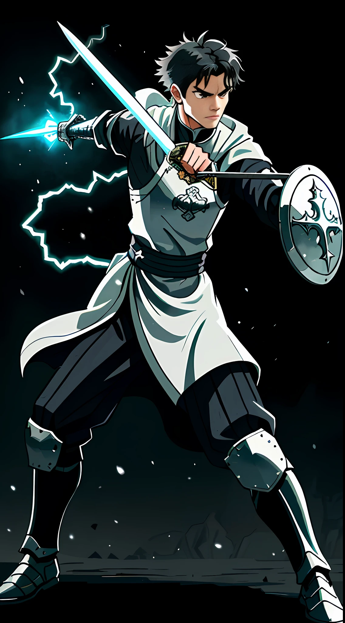 (Young Man), warrior in battle costume (medieval clothes), black hair, (black hair), shield and sword, (using shield and swords), (no strong shirt), high detail, high resolution, raw photo, gray background, 1 man, solo, high quality, sharp body, detailed, detailed, cartoonish, ((holding magic sword with electricity)), ((looking at the viewer)), (angry), full body, ((full body portrait)),  far, (((full body concept)))), attack pose, battle pose, medium body, thin, pixel art, style pixel
