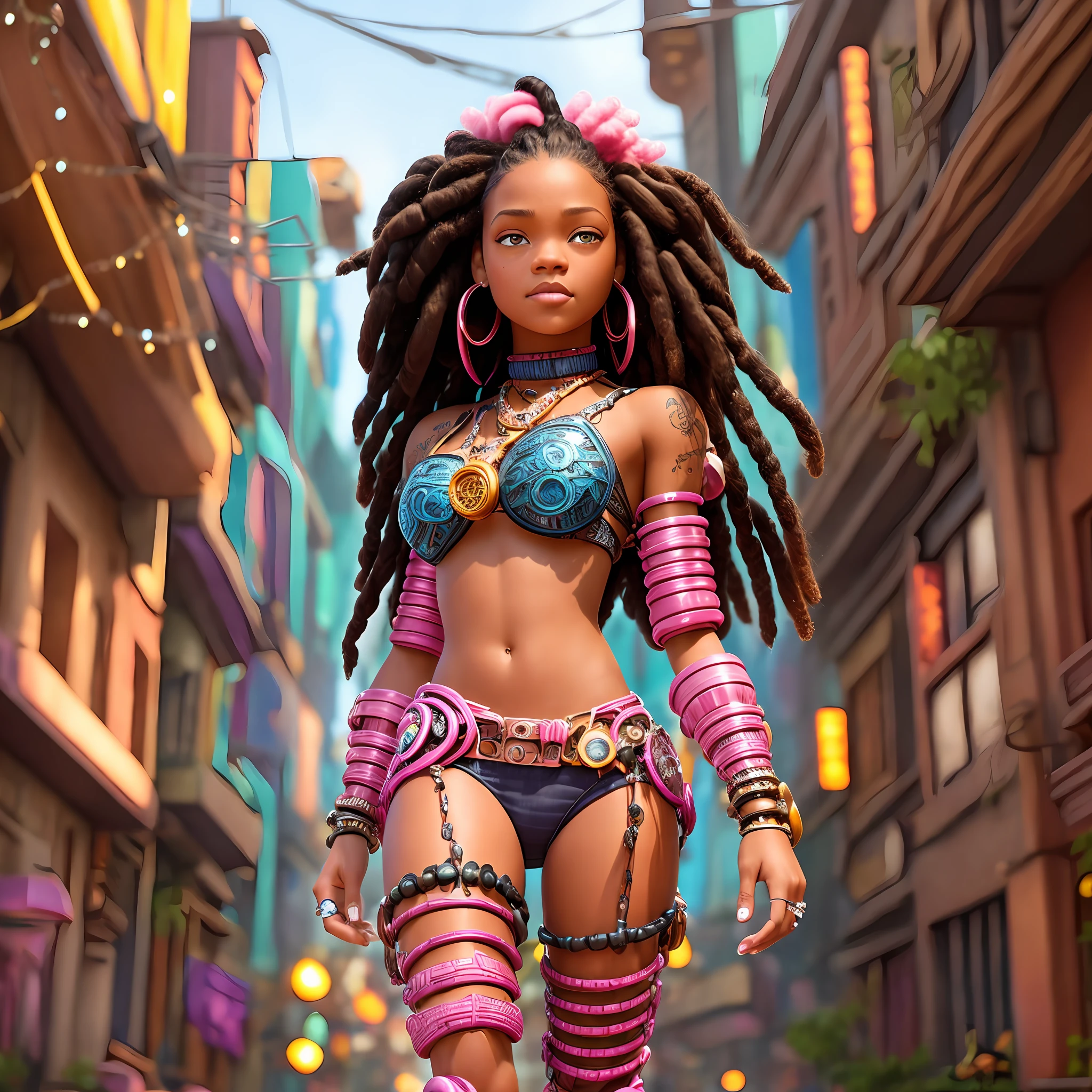 Black teen 'Moana' girl with dreadlocks and cybernetic legs, 3D pixar 'Moana', Rihanna's face, Big almond eyes, Pink curly silky hair, Official character art, Beautiful full-body concept art, Daytime urban background, Atmospheric, sharp, intricate focus, 3D cycles render, 3D octane render --auto --s2