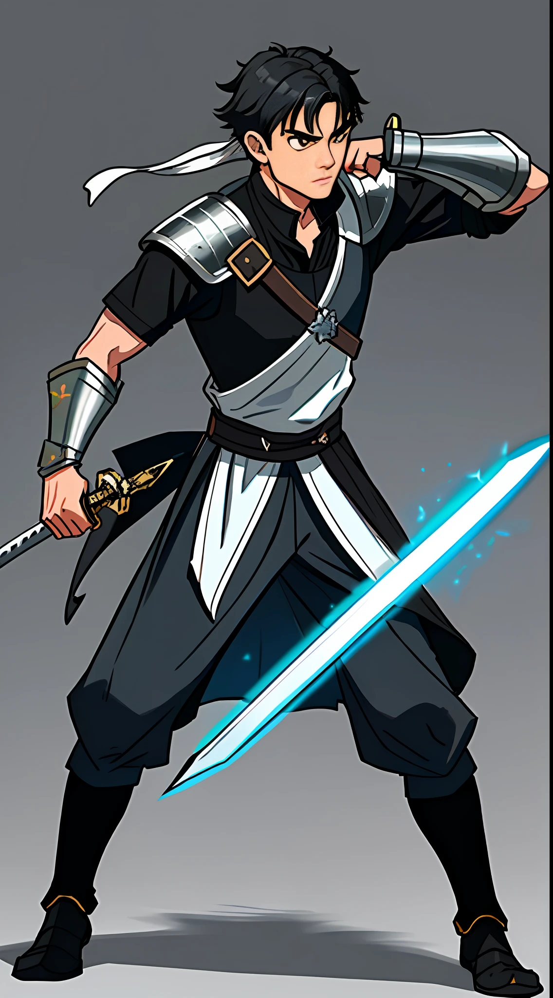 (Young Man), warrior in battle costume (medieval clothes), black hair, (black hair), shield and sword, (using shield and swords), (no strong shirt), high detail, high resolution, raw photo, gray background, 1 man, solo, high quality, sharp body, detailed, detailed, cartoonish, ((holding magic sword with electricity)), ((looking at the viewer)), (angry), full body, ((full body portrait)), far, (((full body concept)))), attack pose, battle pose, medium body, thin, pixel art, style pixel