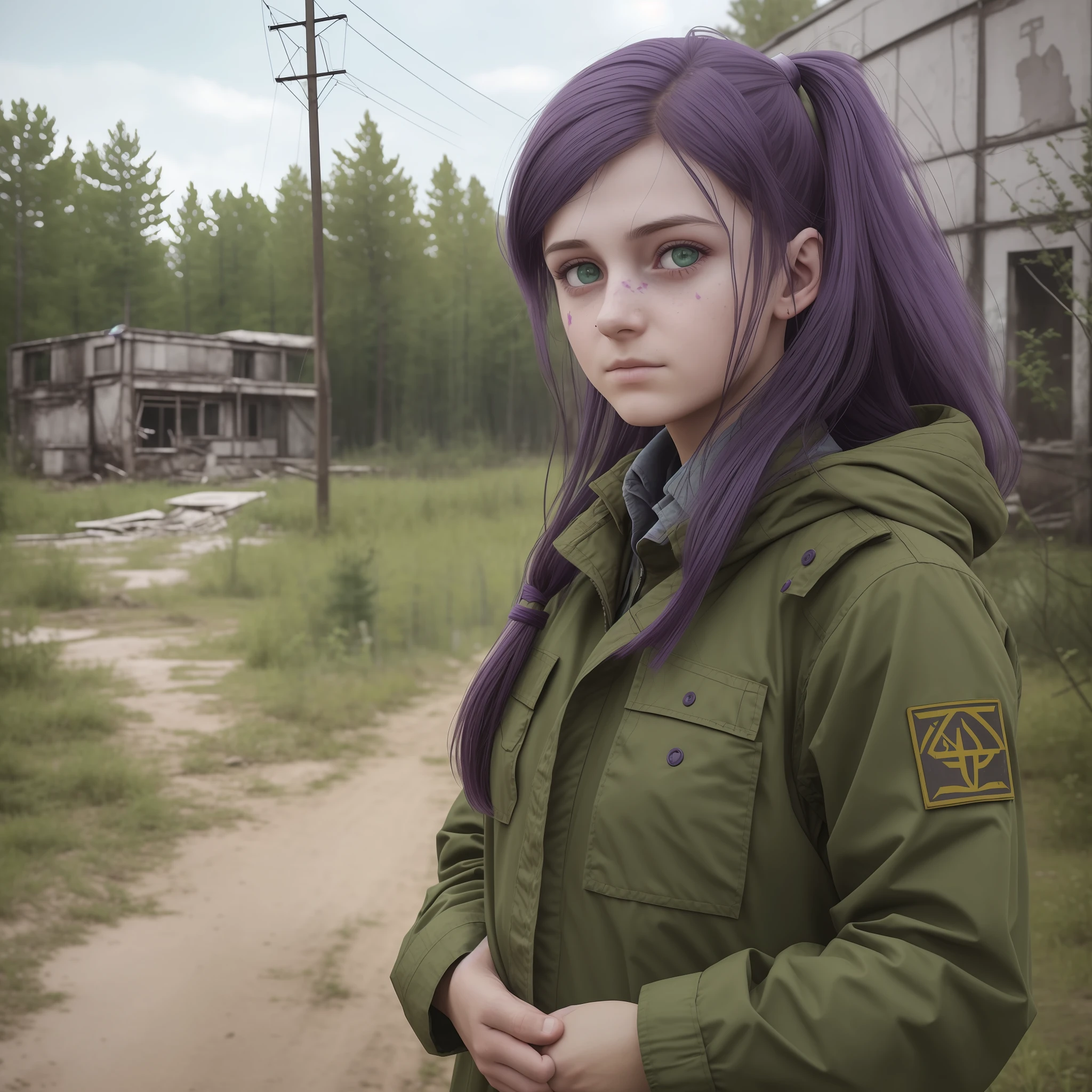 Girl in combenison, Chernobyl exclusion zone, S.T.A.L.K.E.R, purple hair, green eyes, scar above her left eyebrow, unarmed, five fingers on her left hand, five fingers on her right hand, sad.