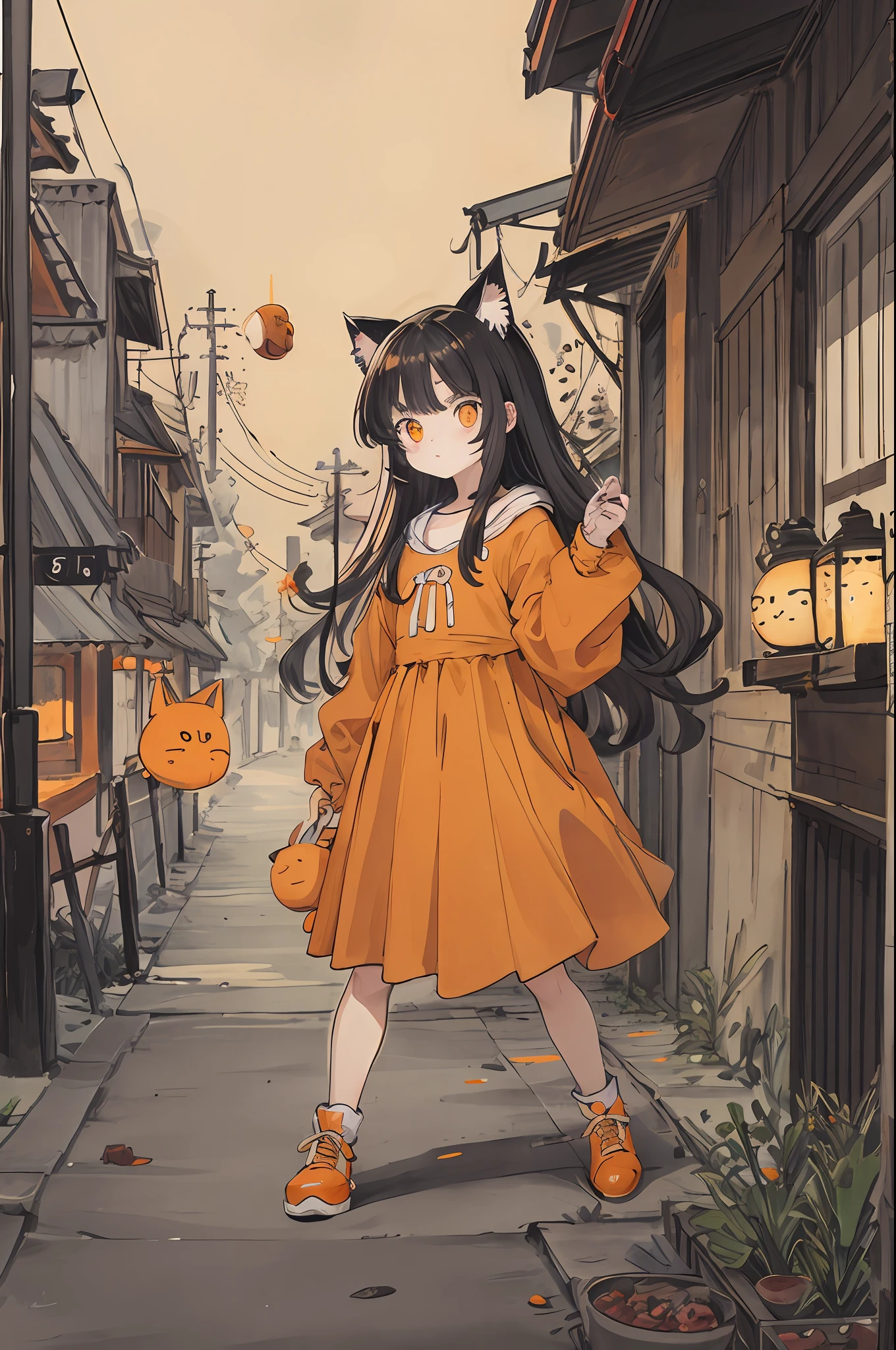 cat,orange,cute,big eyes,masterpiece,full moon,alley