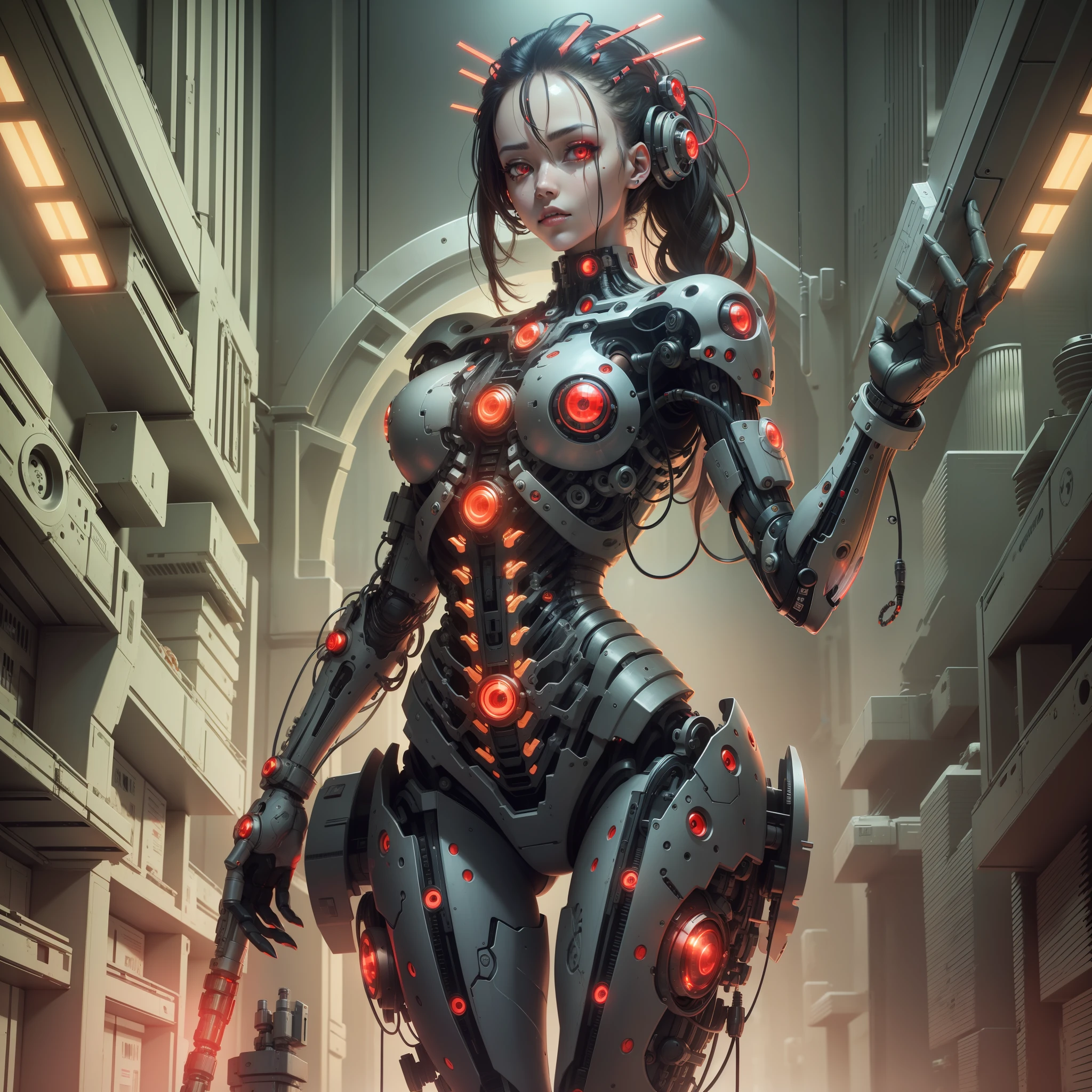 Cyborg girls, bio organism, non-human, mechanical parts, bionic body parts, red glowing eye, full height, full body, very detailed, ultra 8k quality, broken parts, holes in mechanisms, cybernetic organism, machine gun in hand, laboratory