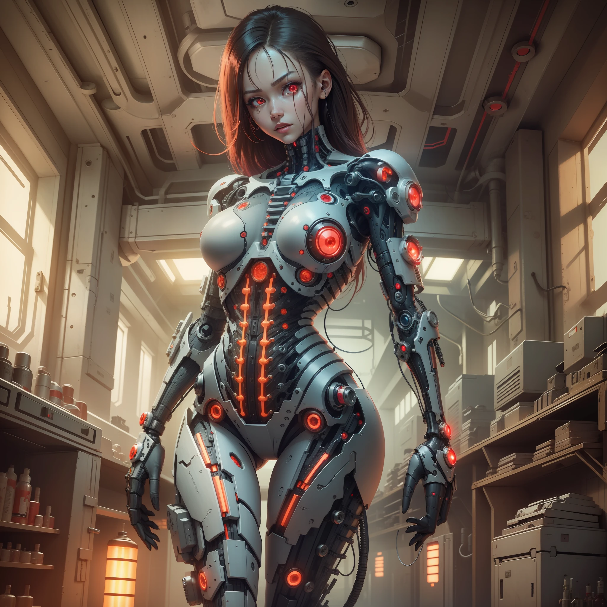 Cyborg girls, bio organism, non-human, mechanical parts, bionic body parts, red glowing eye, full height, full body, very detailed, ultra 8k quality, broken parts, holes in mechanisms, cybernetic organism, machine gun in hand, laboratory